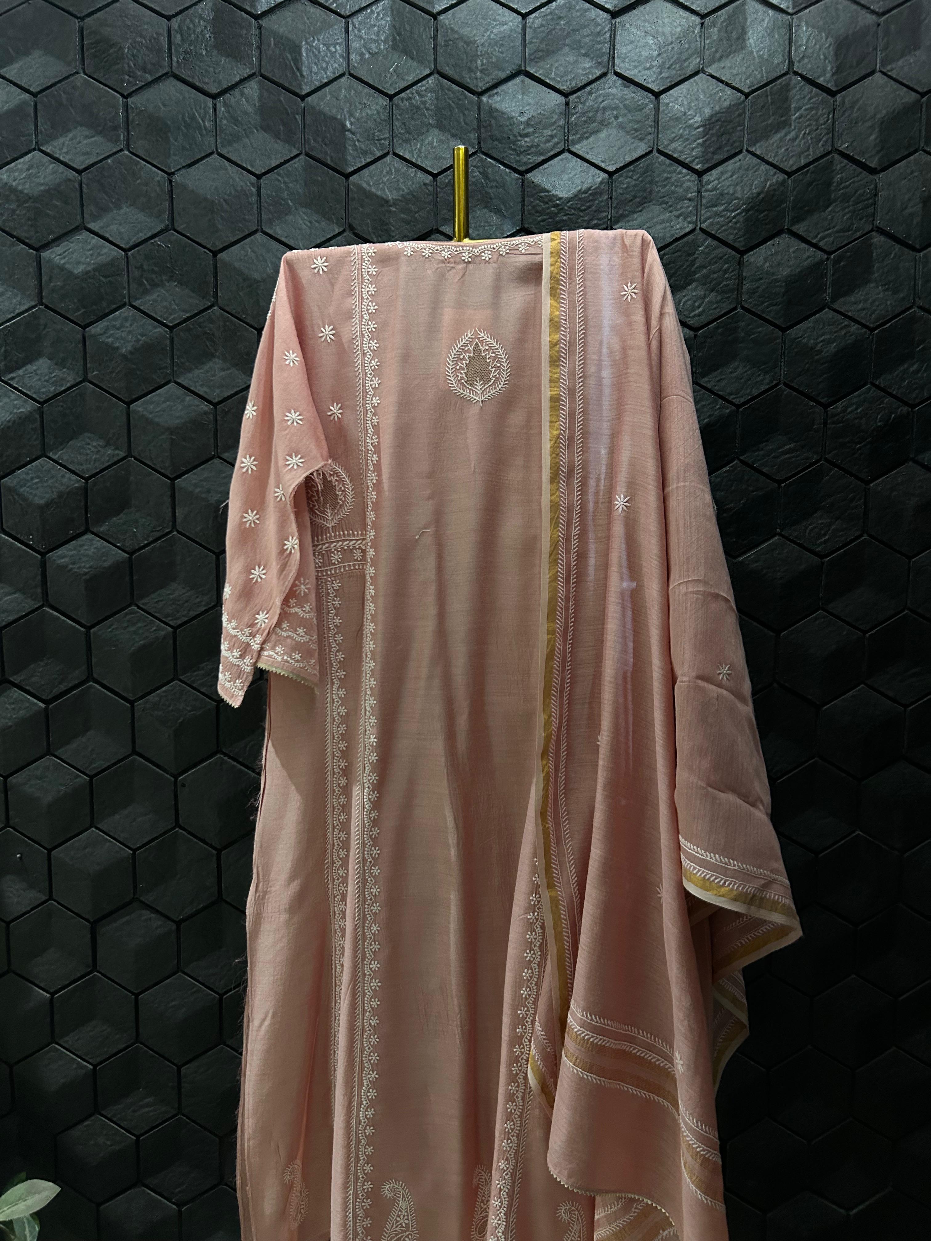 Pink Munga Silk Chikankari Kurta Set