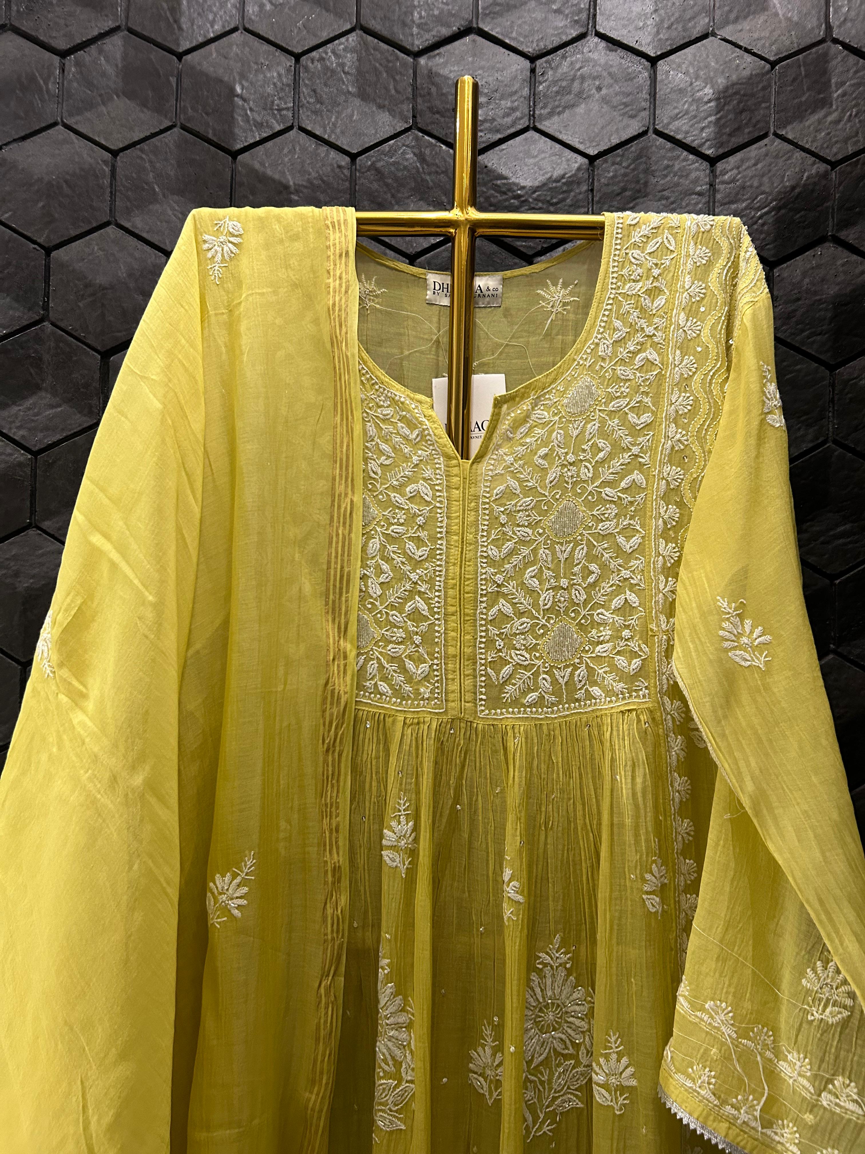Green Mul Chanderi Chikankari Kurta Set