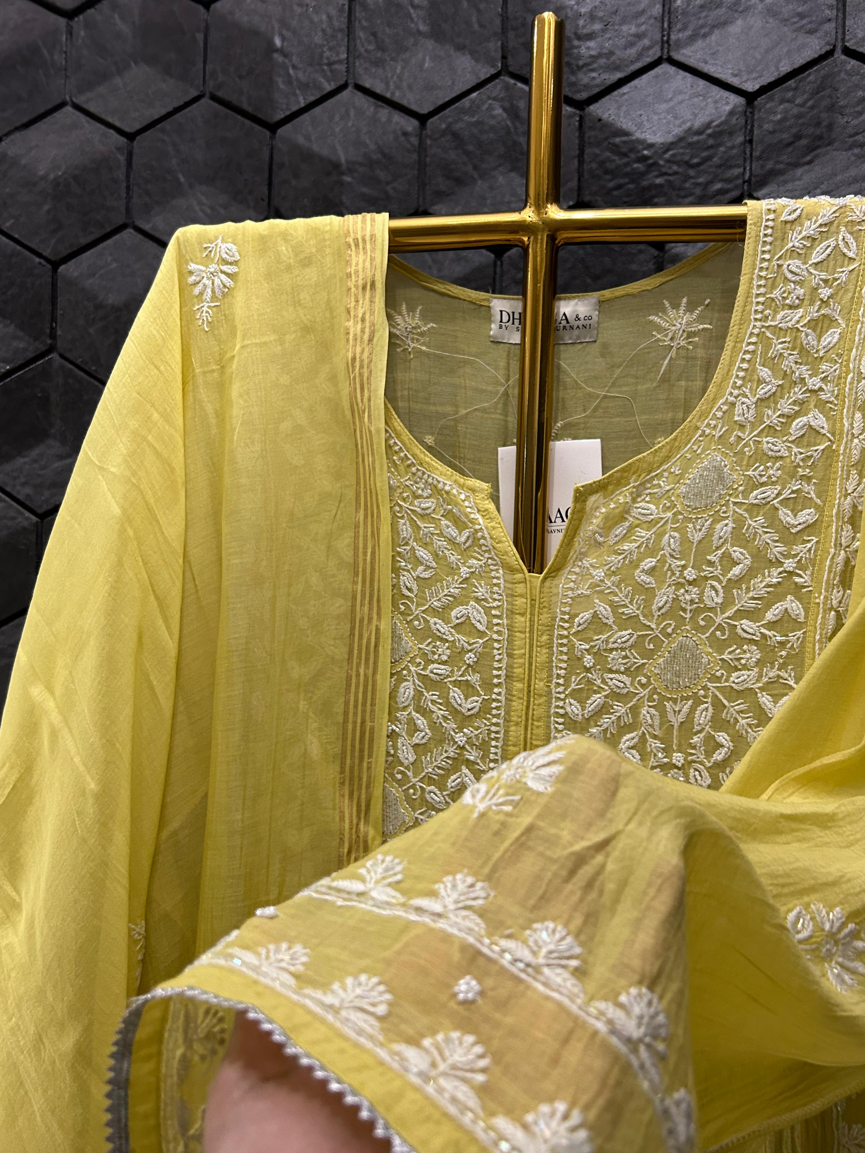 Green Mul Chanderi Chikankari Kurta Set