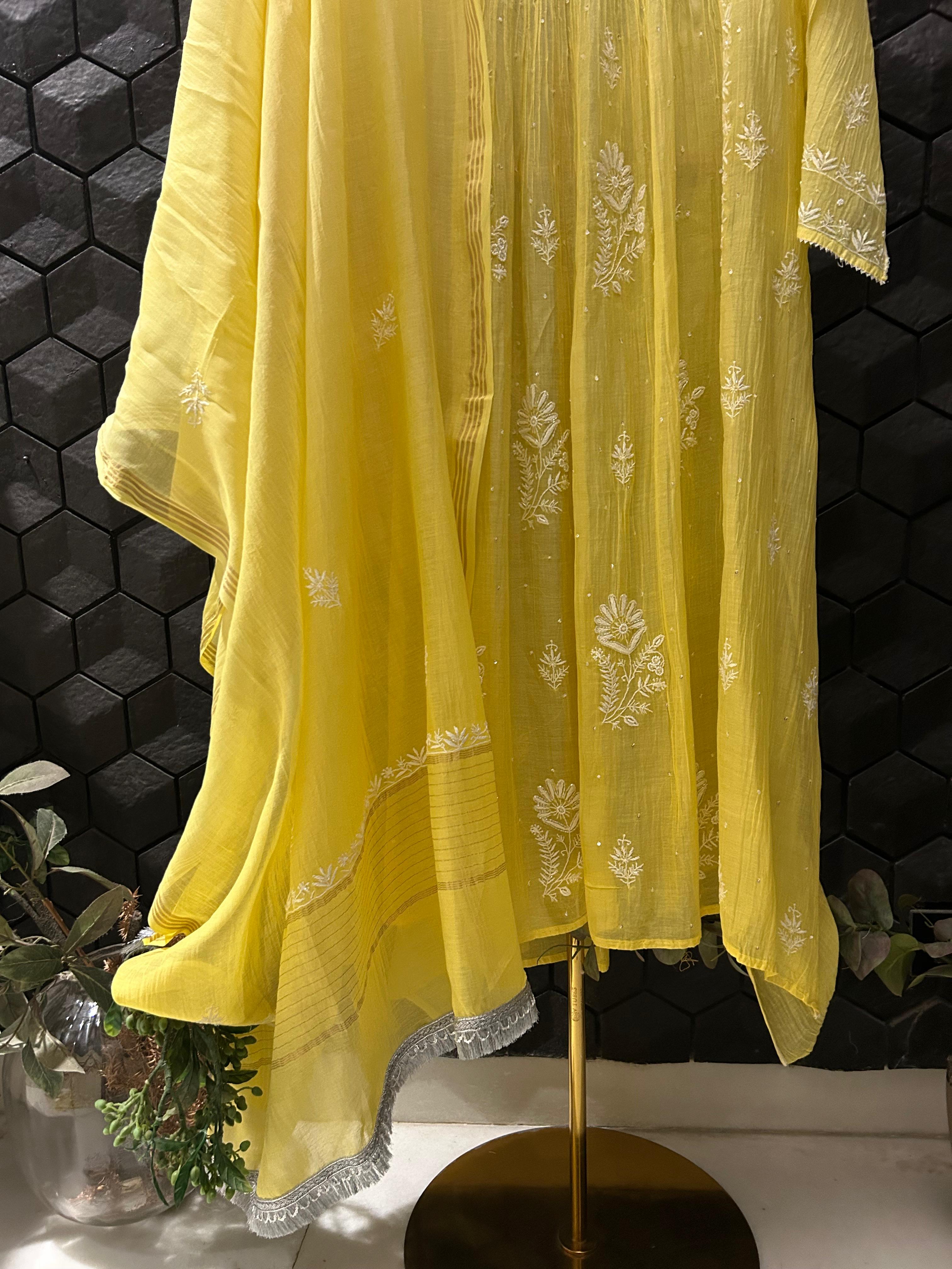 Yellow Mul Chanderi Chikankari Kurta Set