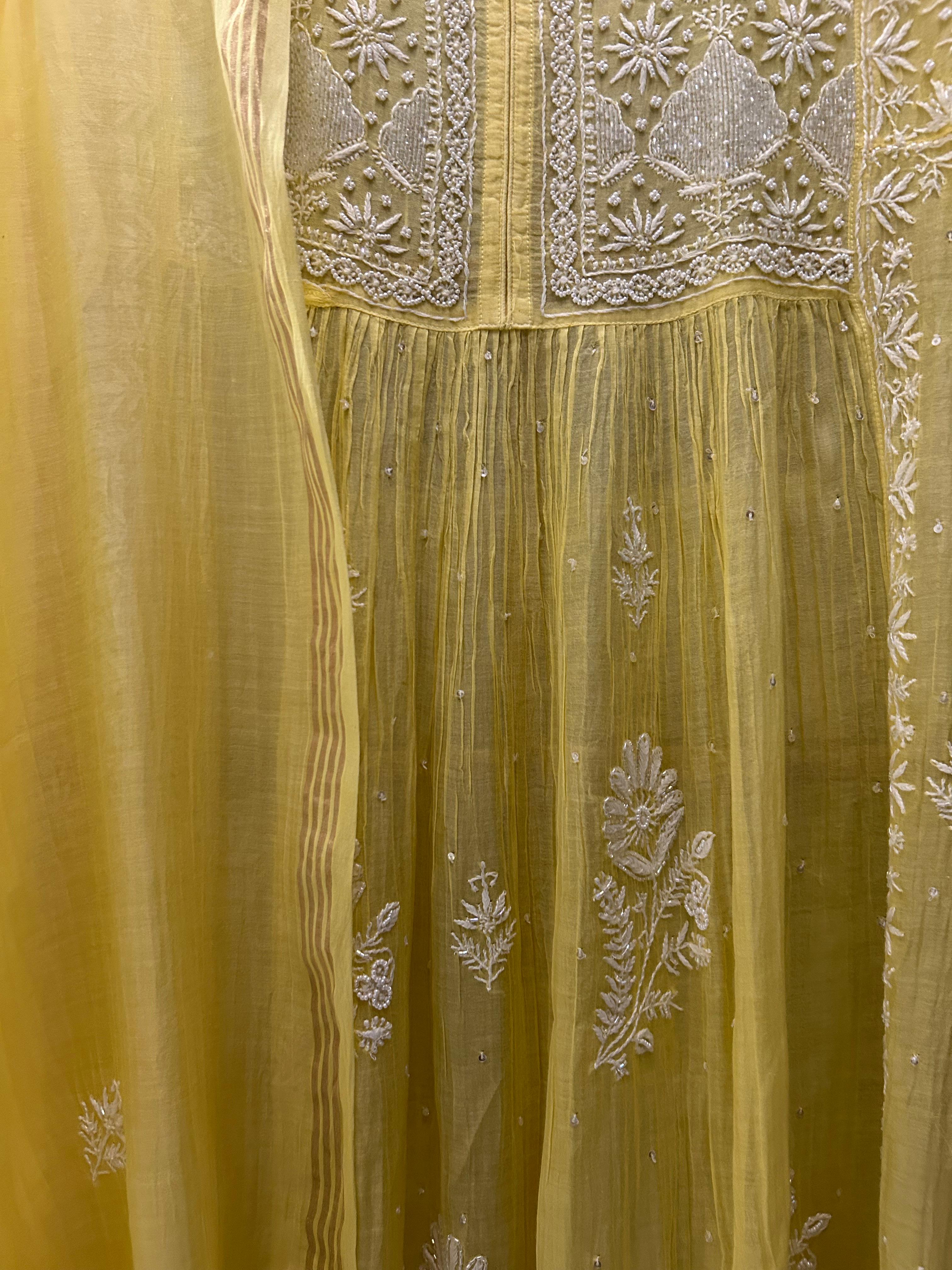 Yellow Mul Chanderi Chikankari Kurta Set