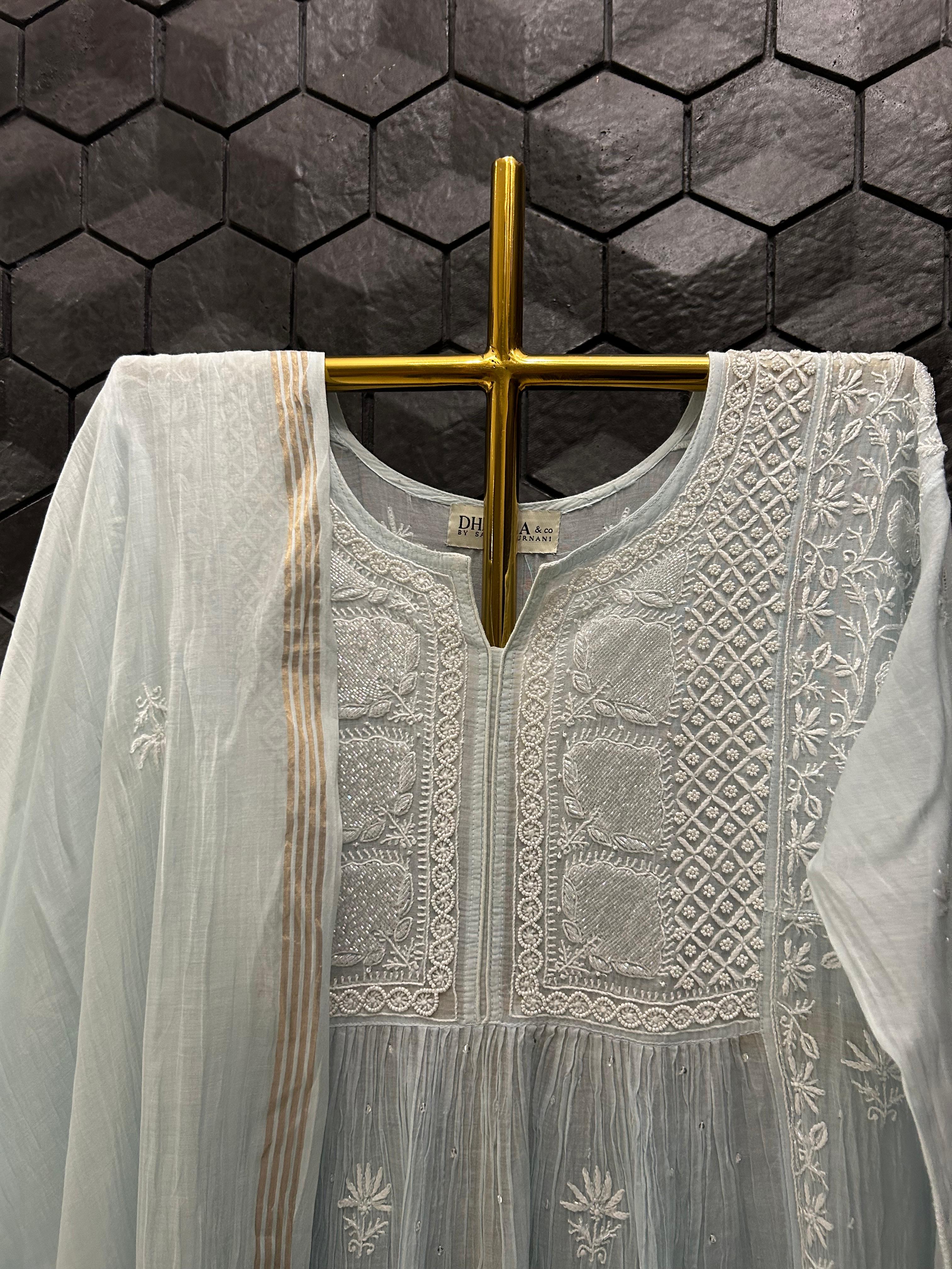 Blue Mul Chanderi Chikankari Kurta Set