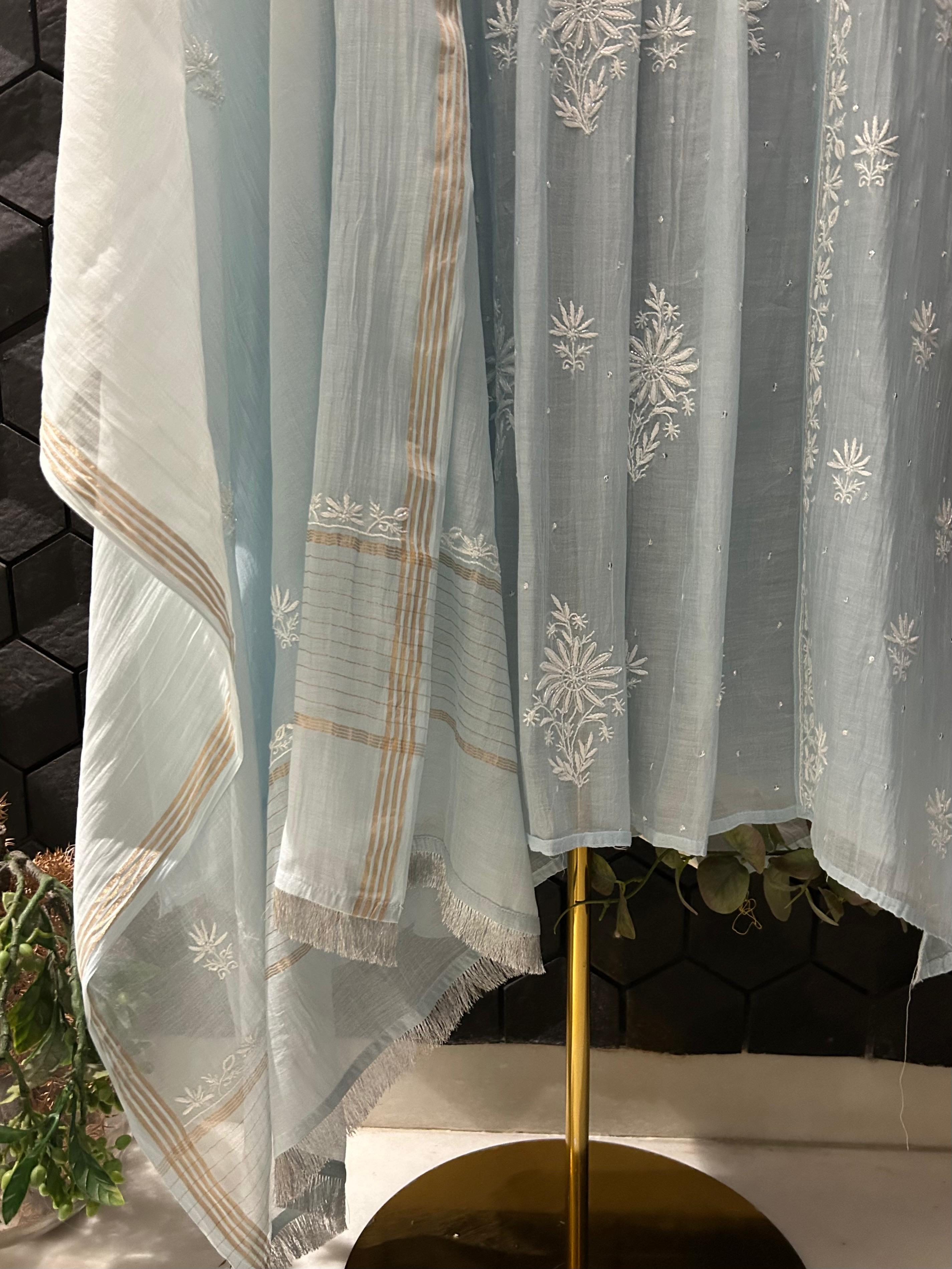 Blue Mul Chanderi Chikankari Kurta Set