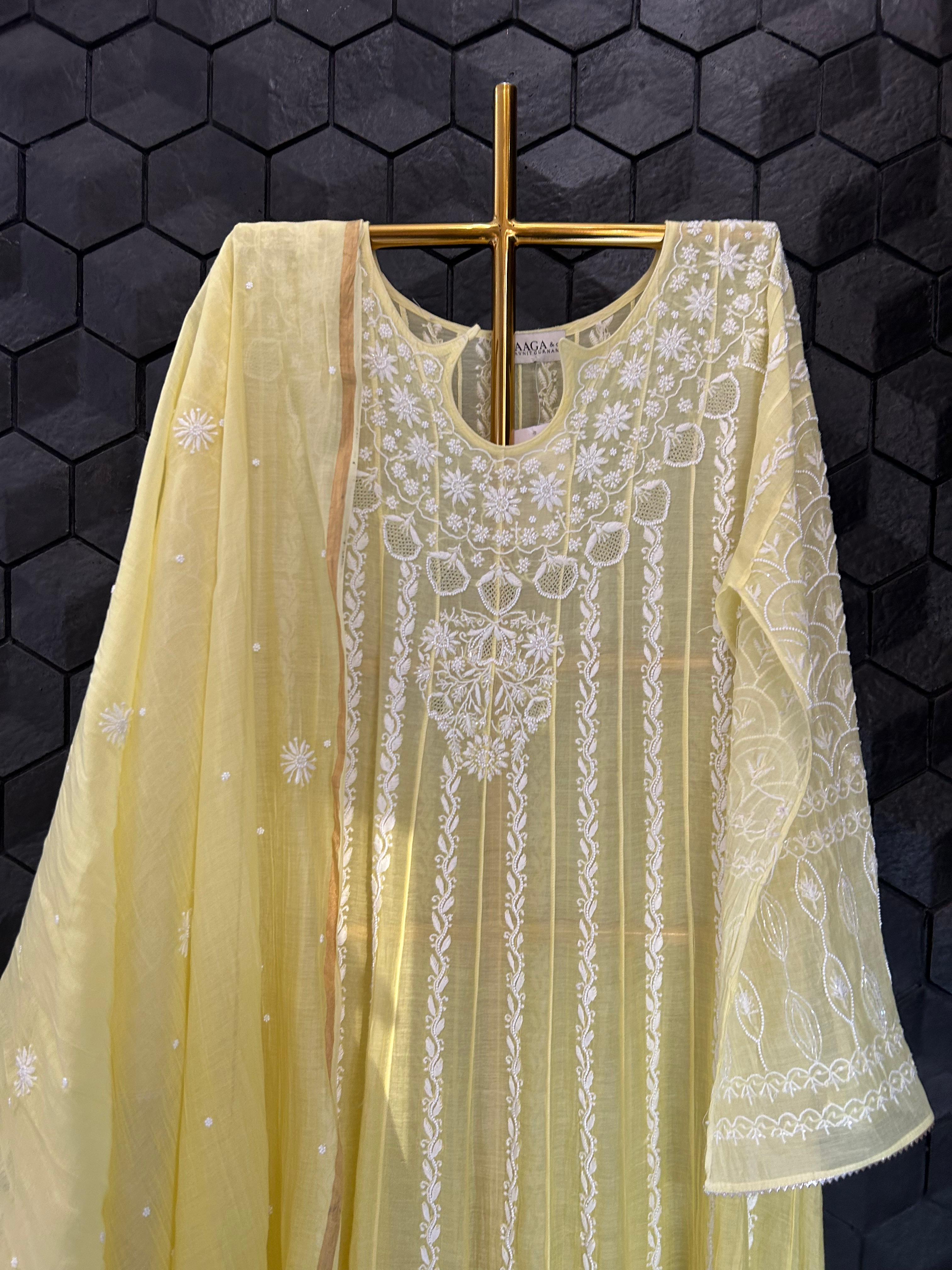 Yellow Mul Chanderi Chikankari Anarkali Set