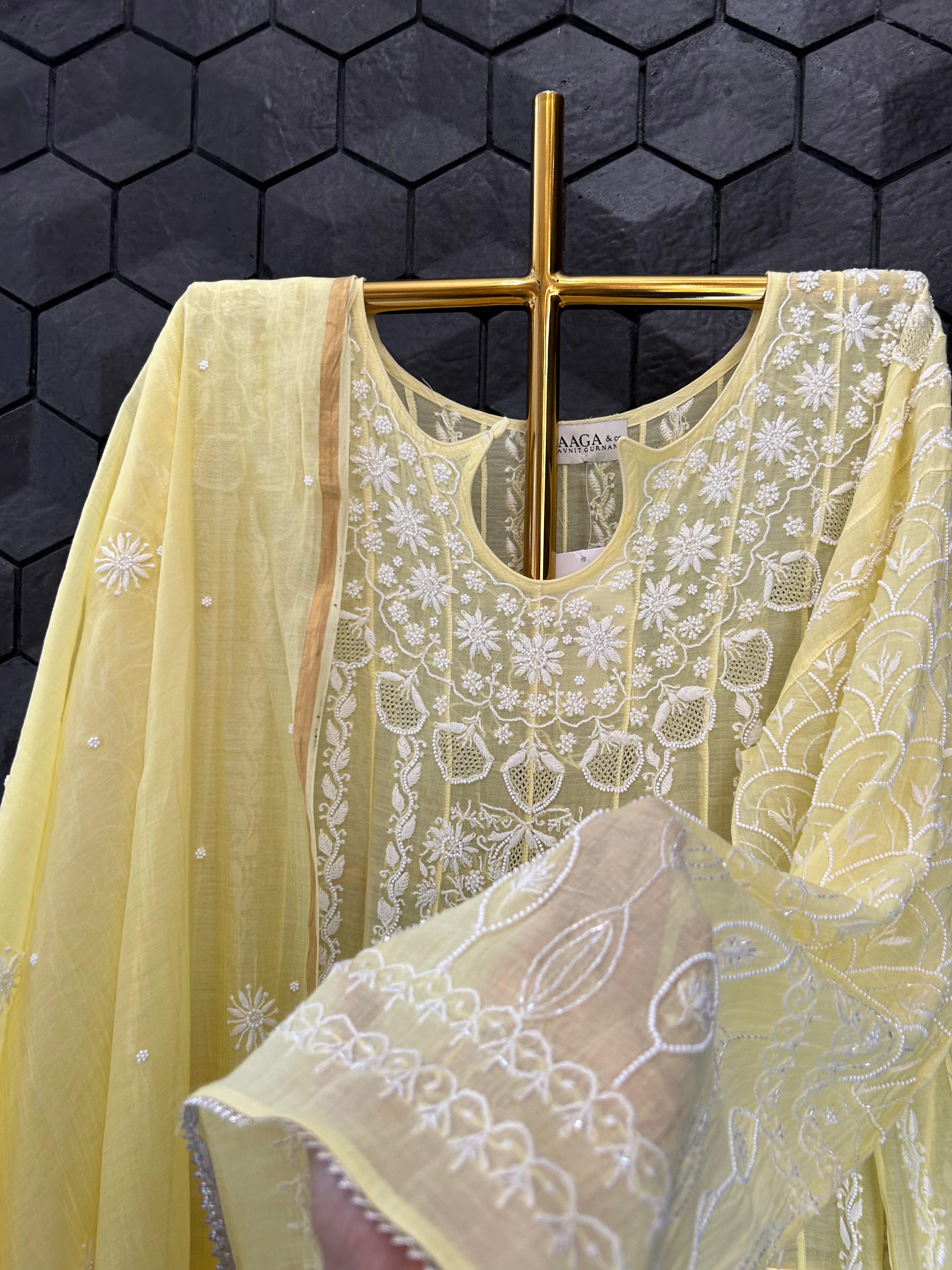 Yellow Mul Chanderi Chikankari Anarkali Set