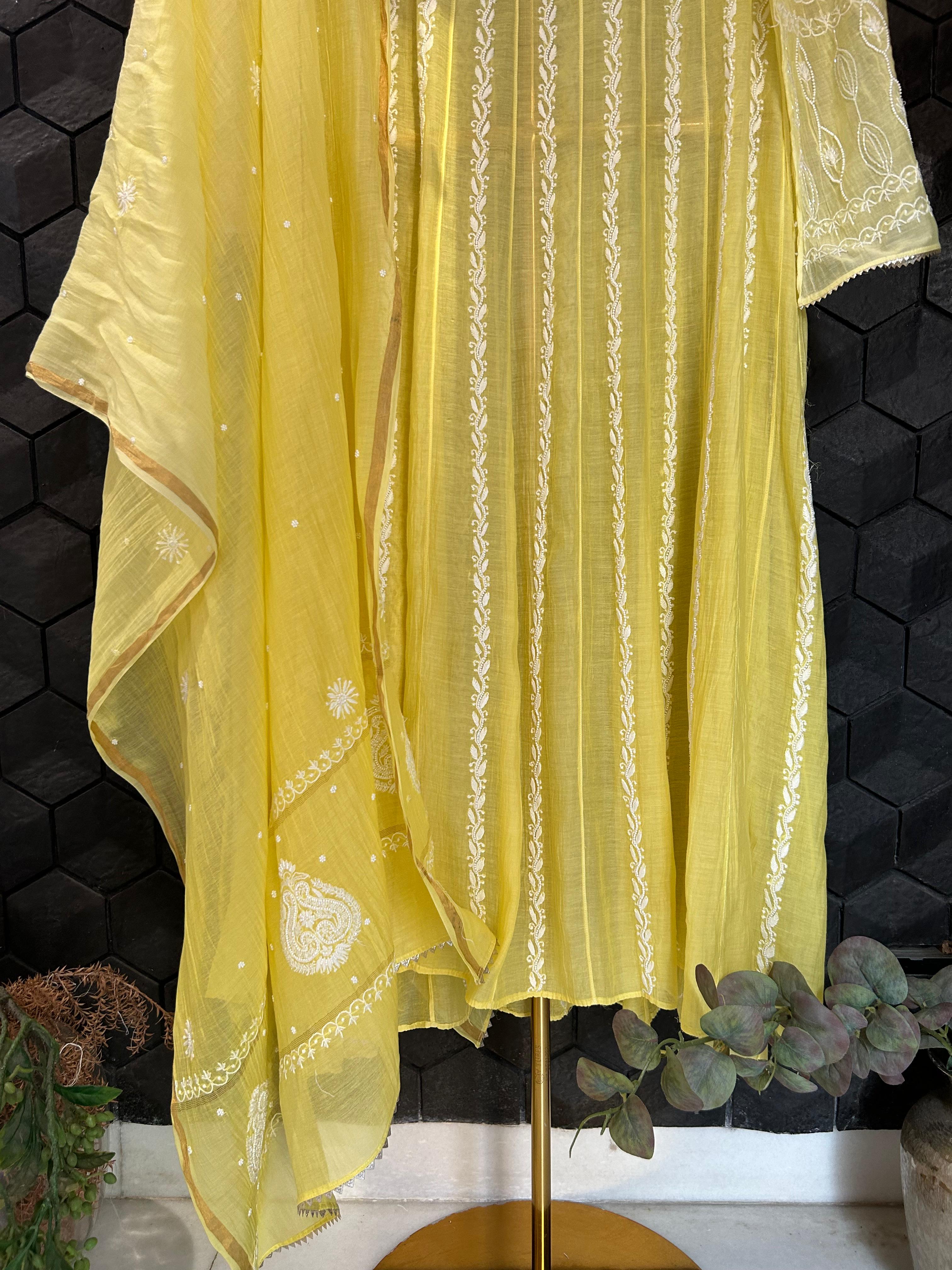 Yellow Mul Chanderi Chikankari Anarkali Set