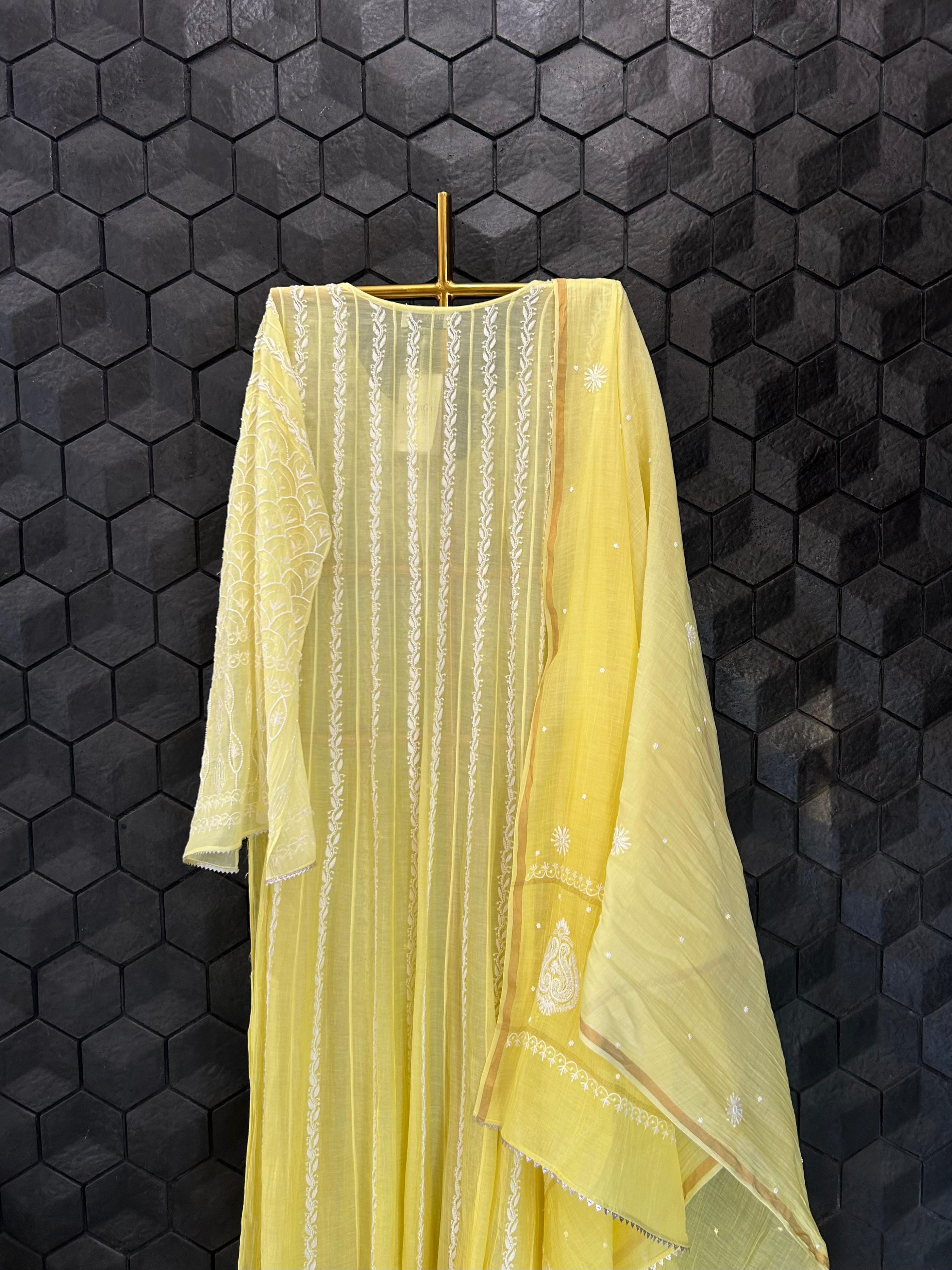 Yellow Mul Chanderi Chikankari Anarkali Set