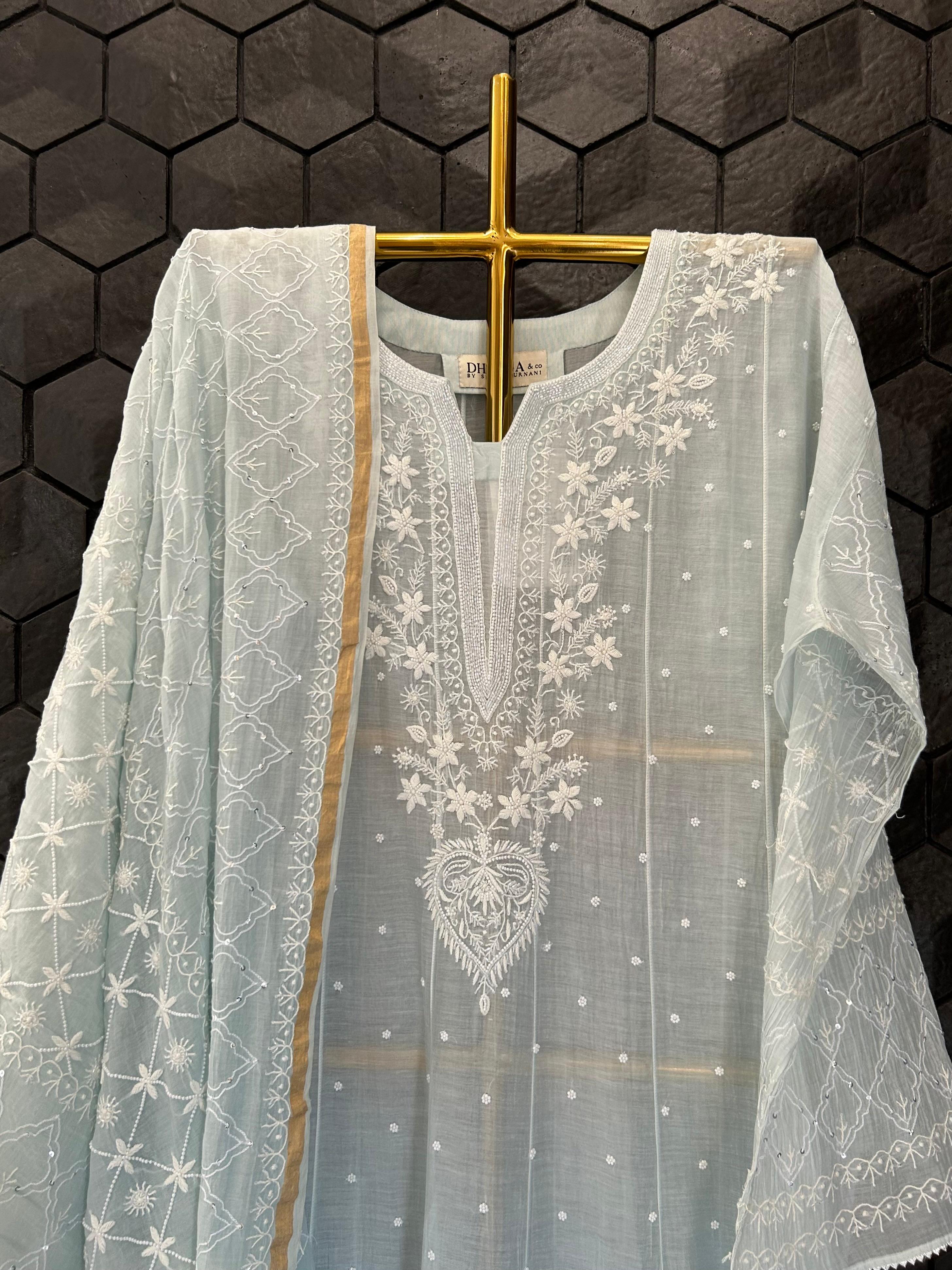 Blue Ombre Mul Chanderi Chikankari Anarkali Set