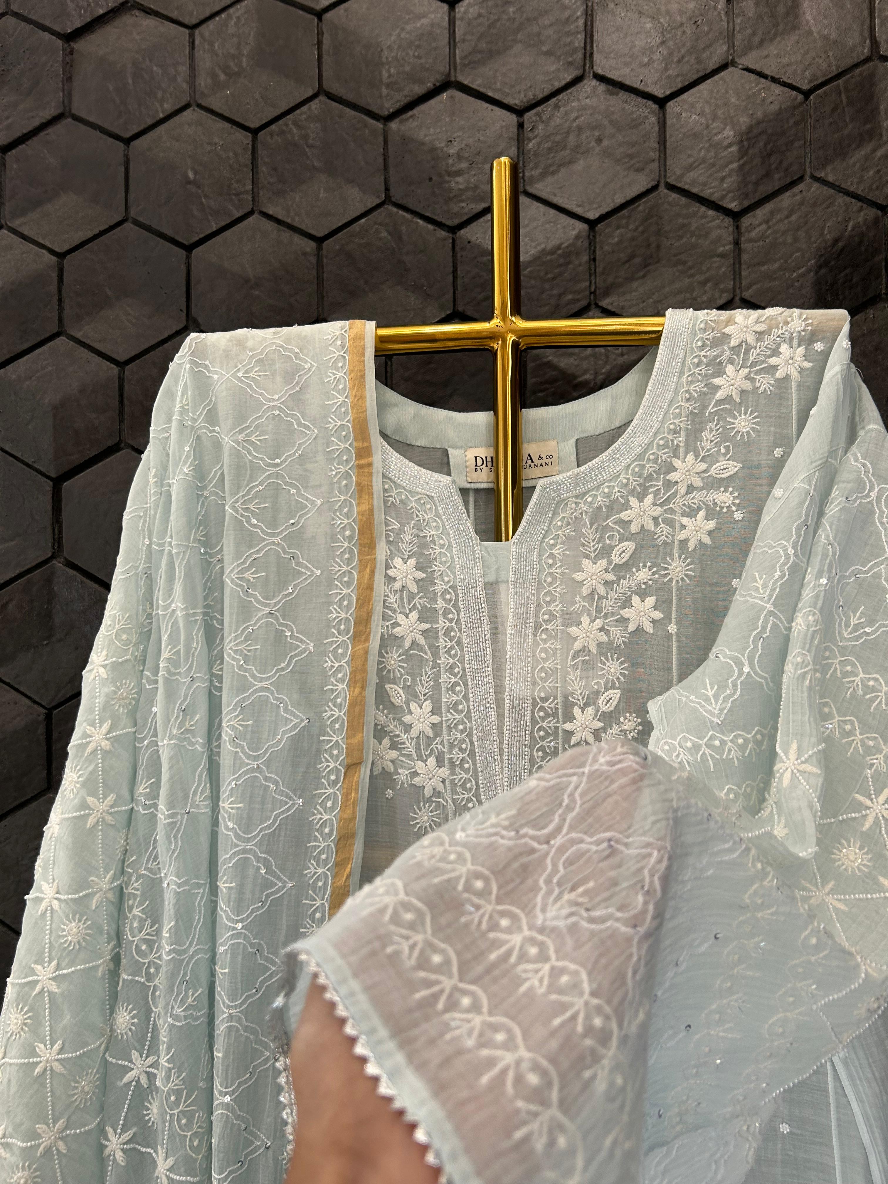 Blue Ombre Mul Chanderi Chikankari Anarkali Set