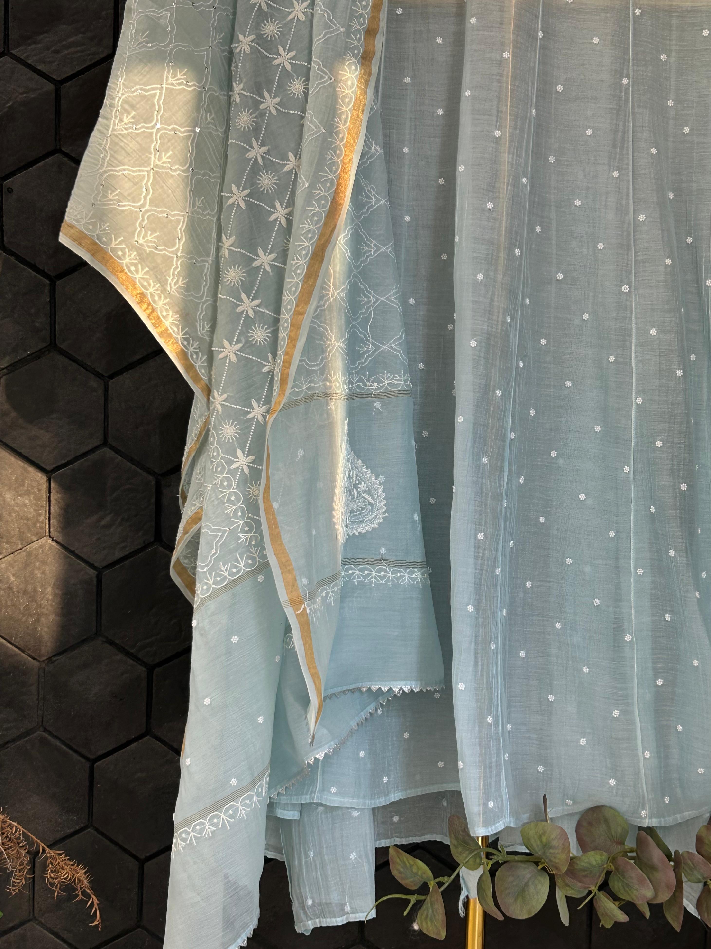 Blue Ombre Mul Chanderi Chikankari Anarkali Set
