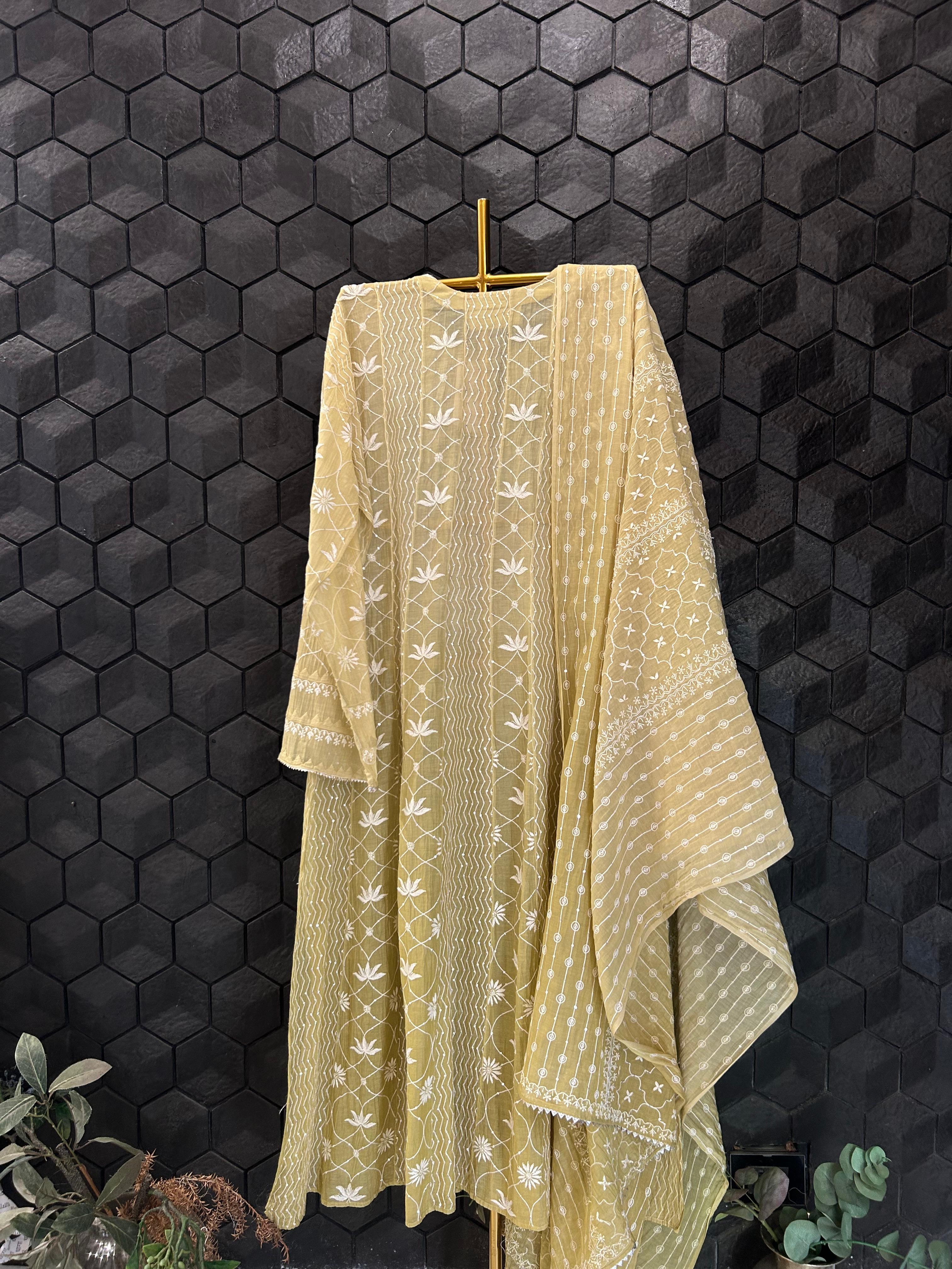 Green Mul Chanderi Chikankari Anarkali Set