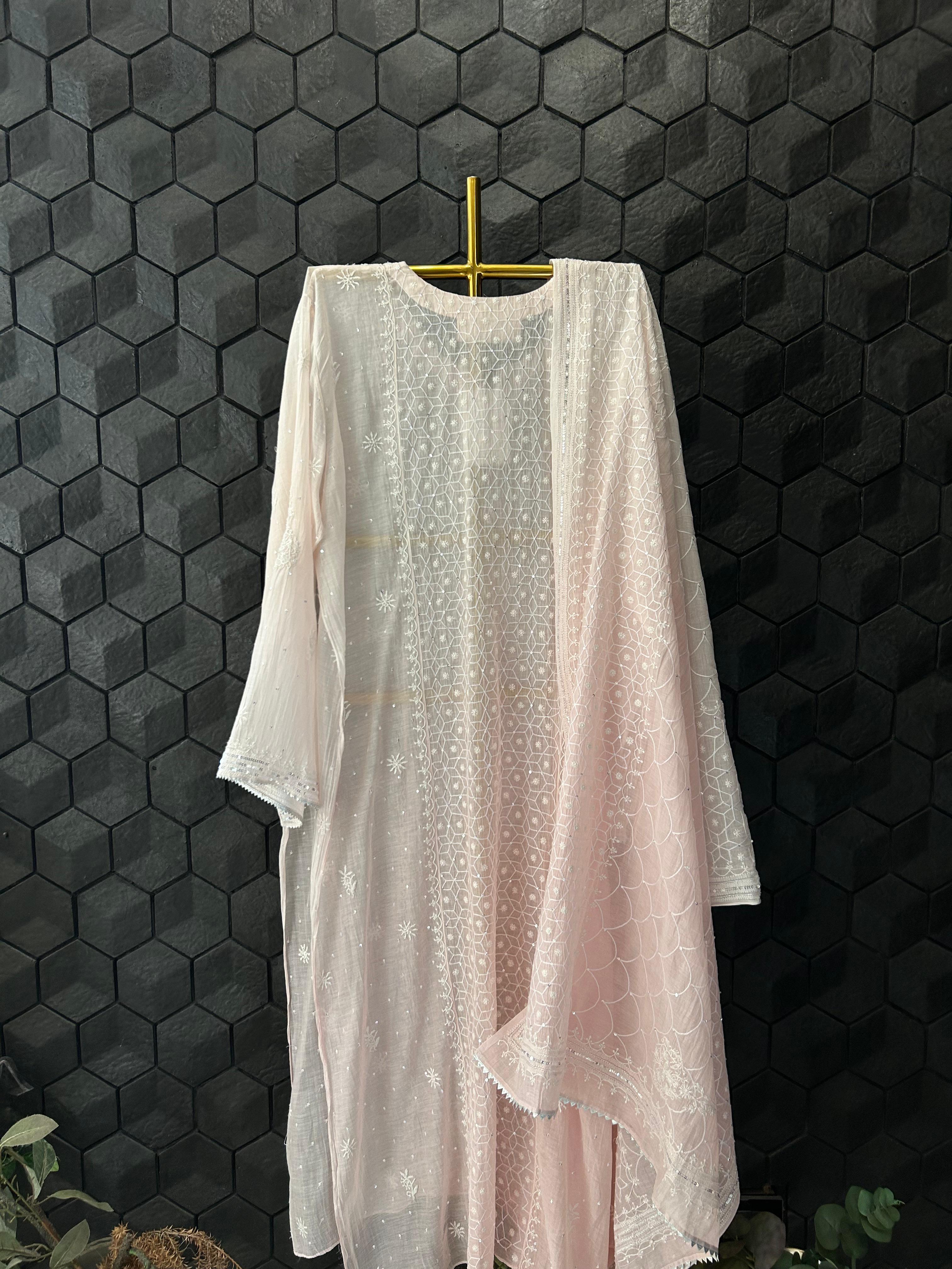 Pink Mul Chanderi Chikankari Mukaish Kurta Set