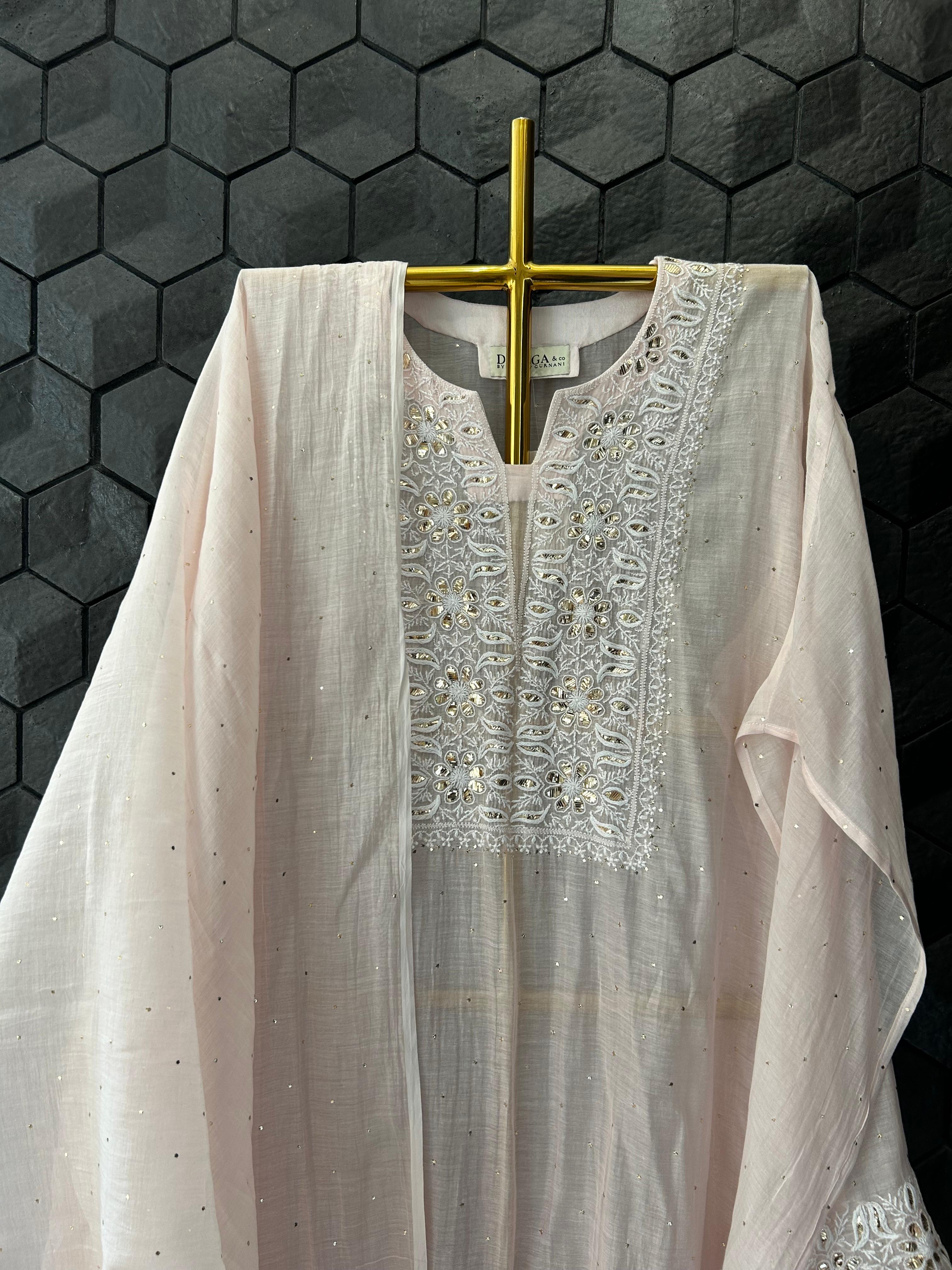 Pink Mul Chanderi Chikankari Mukaish Kurta Set