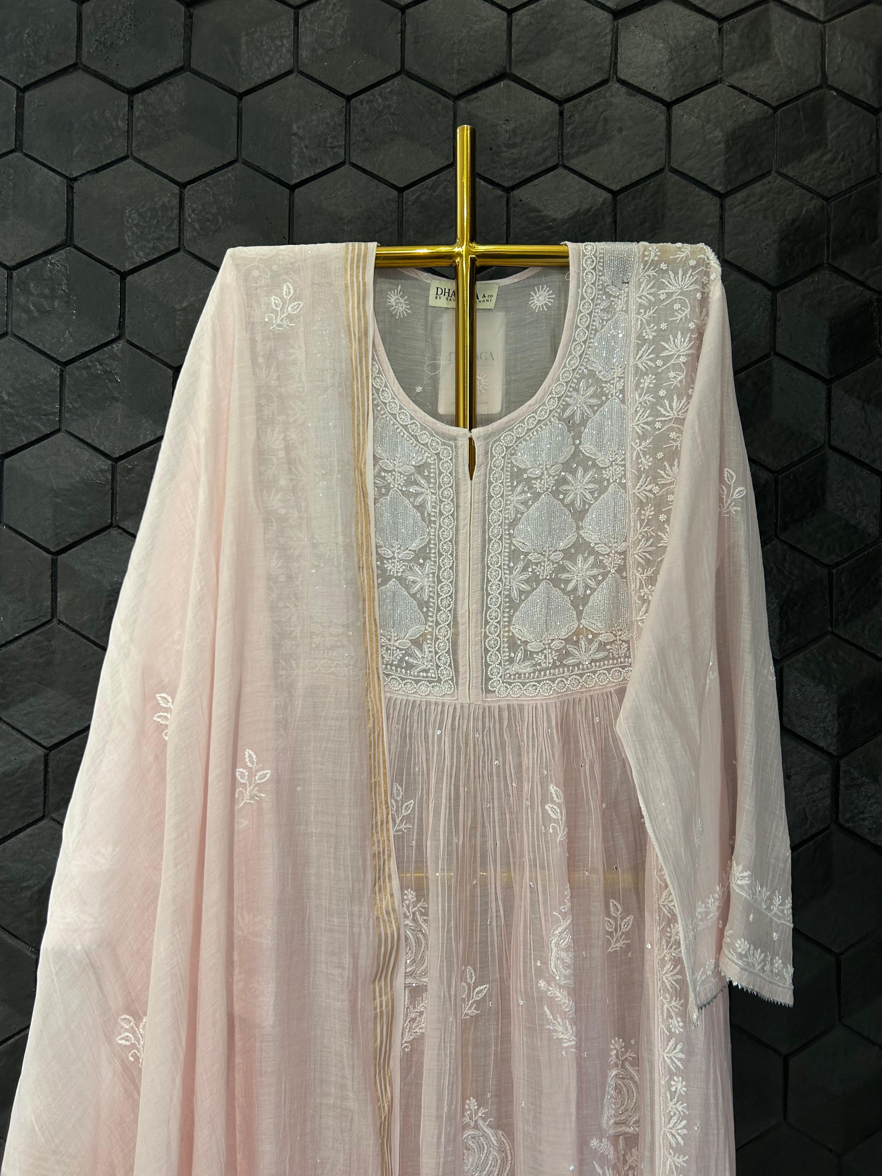 Pink Mul Chanderi Chikankari Kurta Set