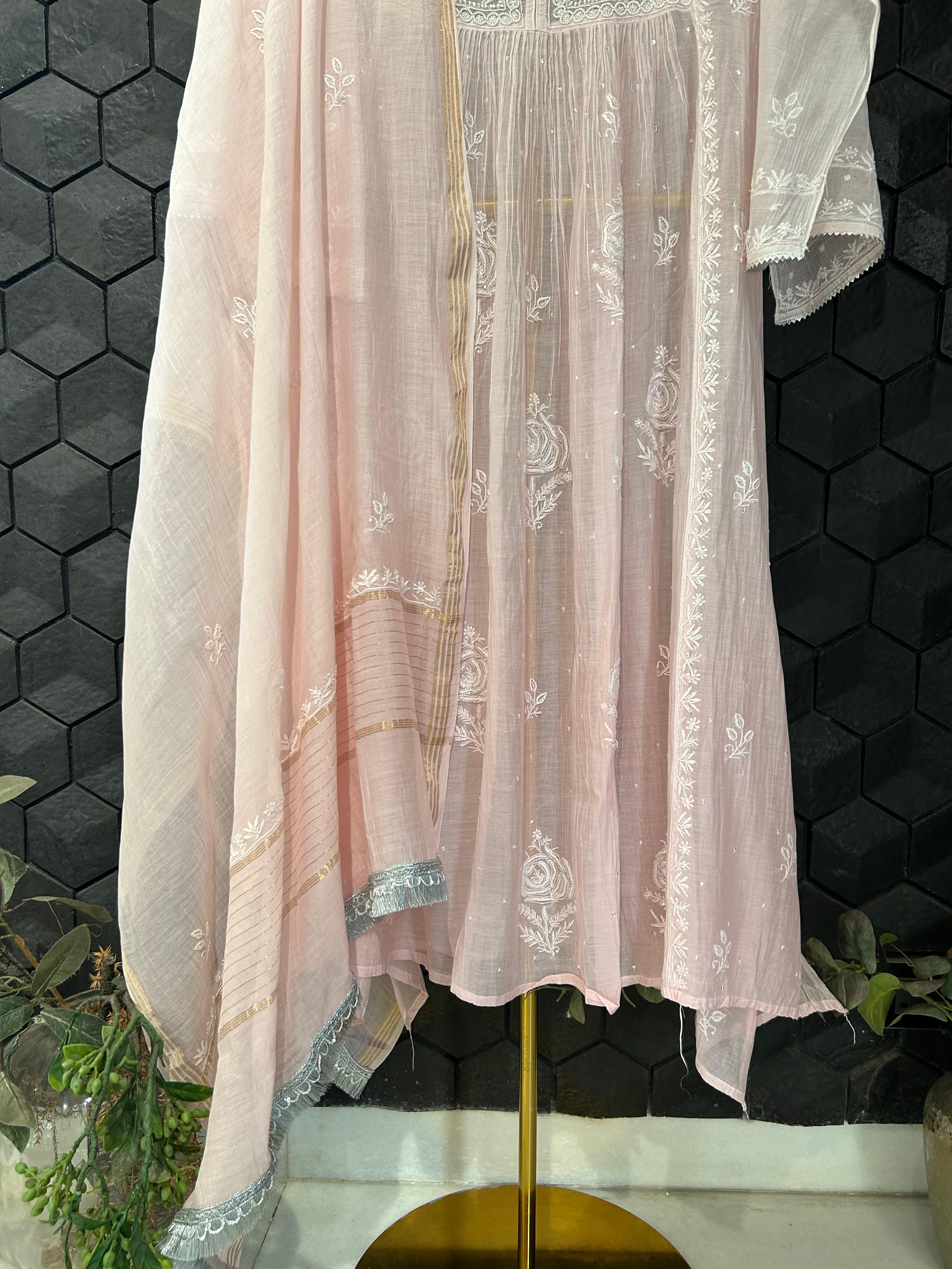 Pink Mul Chanderi Chikankari Kurta Set