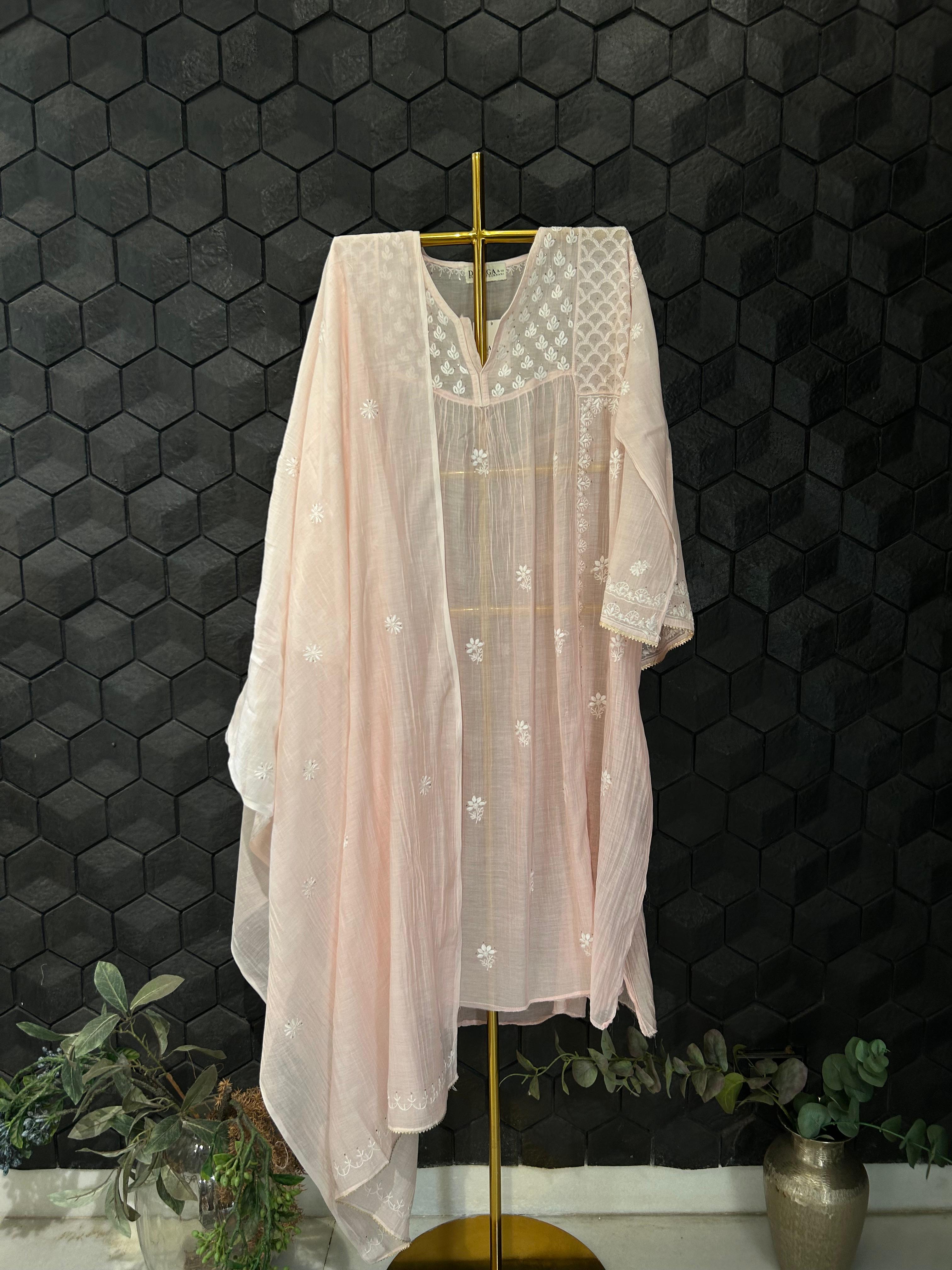Pink Mul Chanderi Chikankari Kurta Set