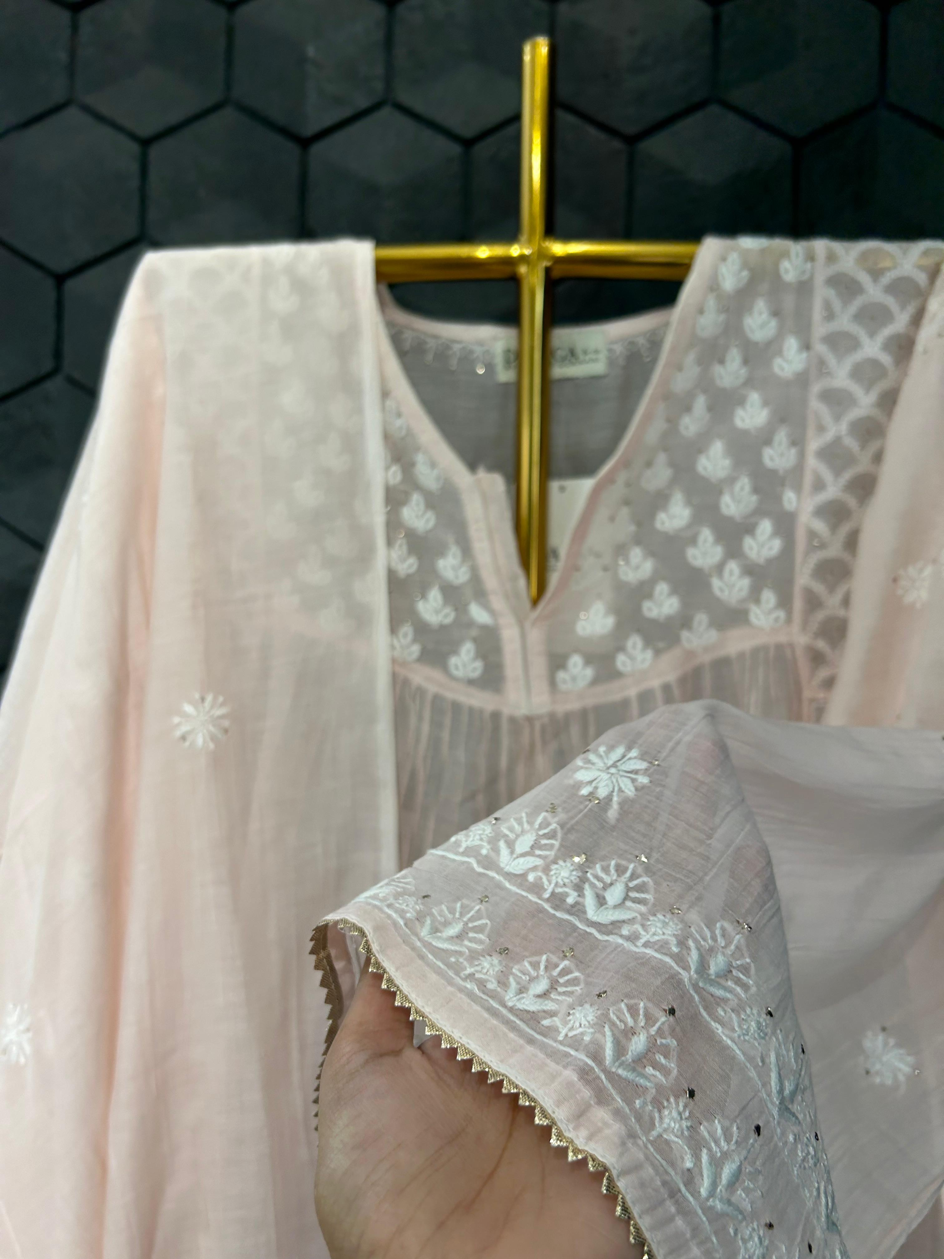 Pink Mul Chanderi Chikankari Kurta Set