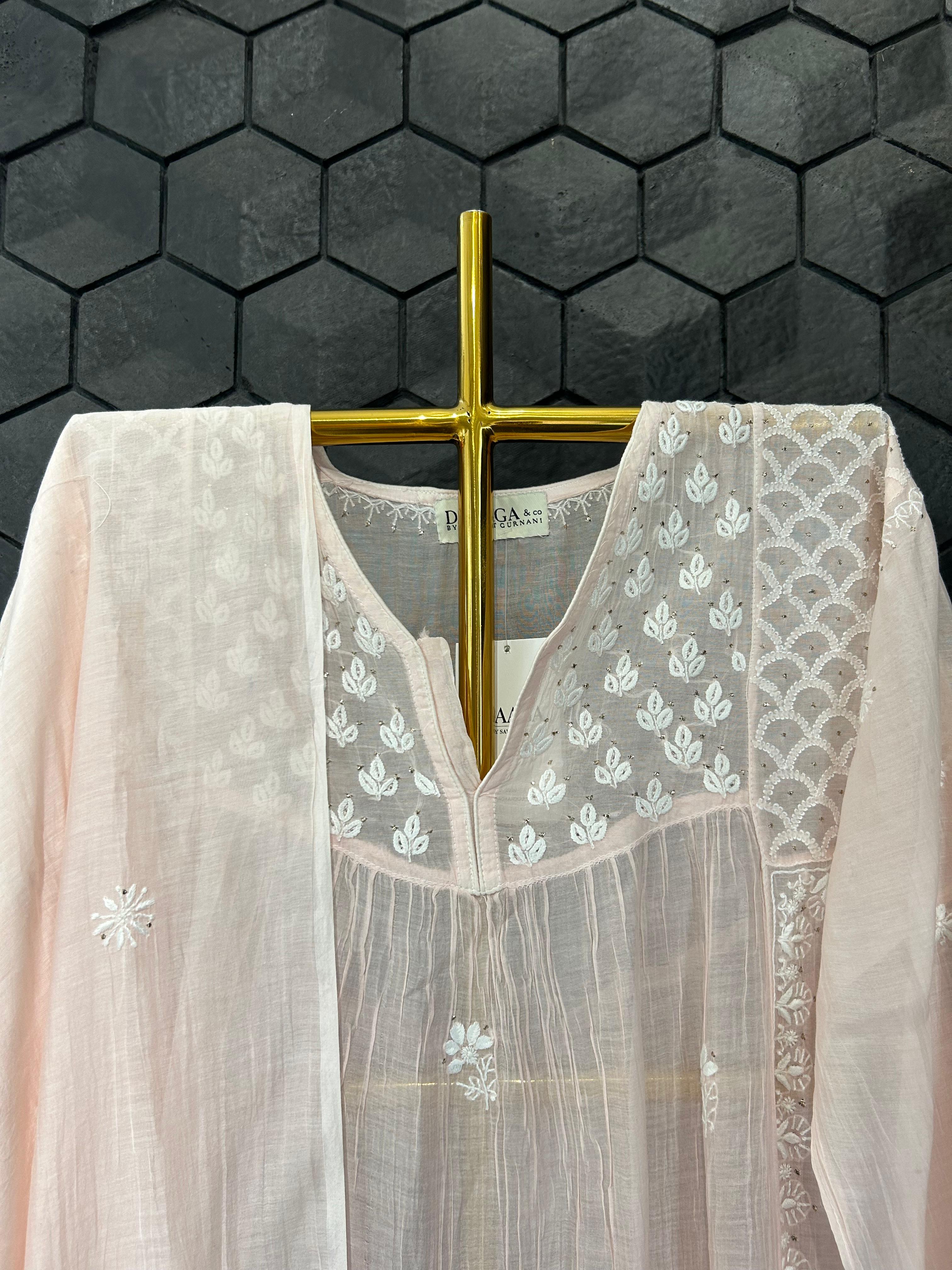 Pink Mul Chanderi Chikankari Kurta Set
