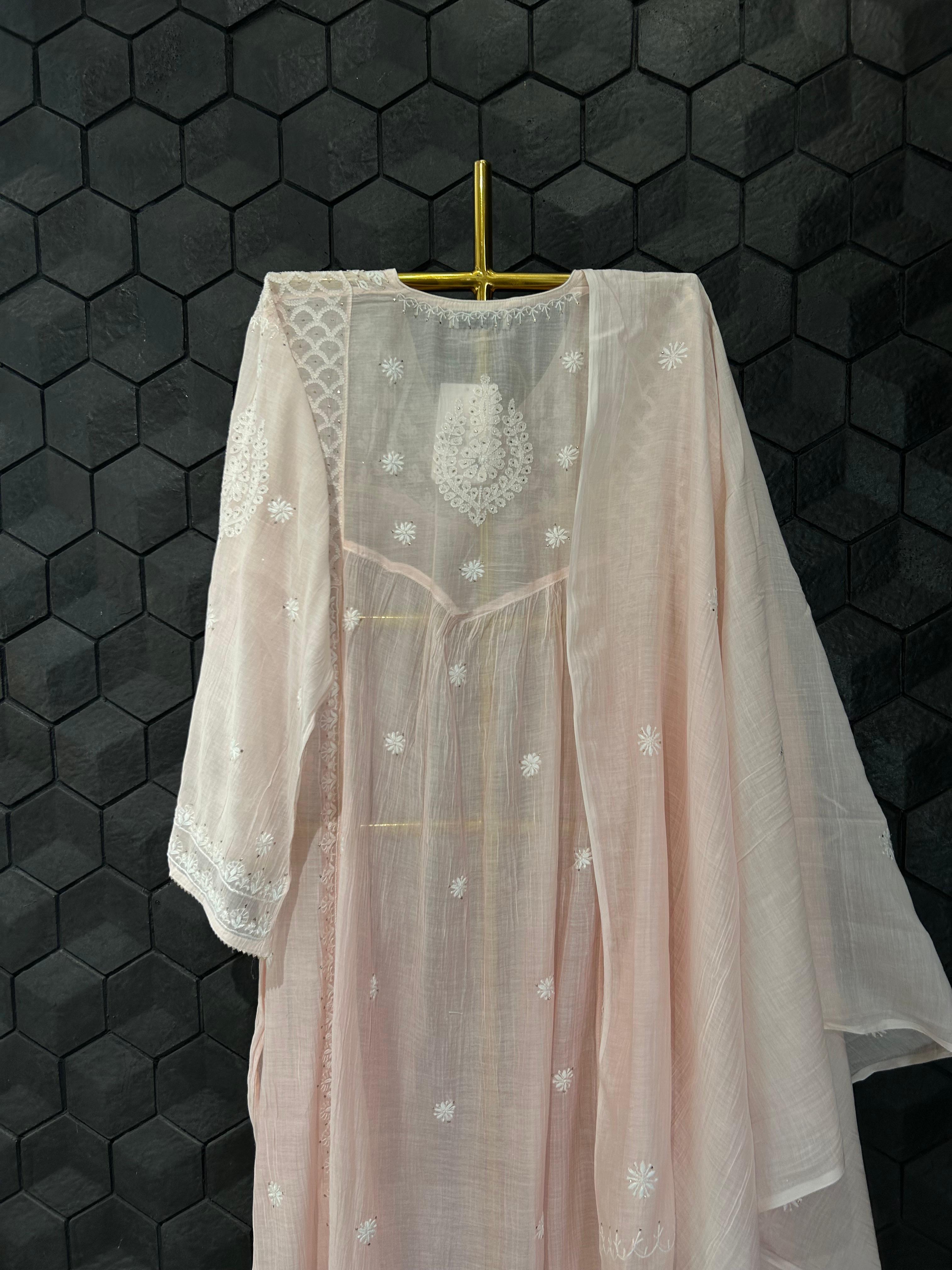 Pink Mul Chanderi Chikankari Kurta Set