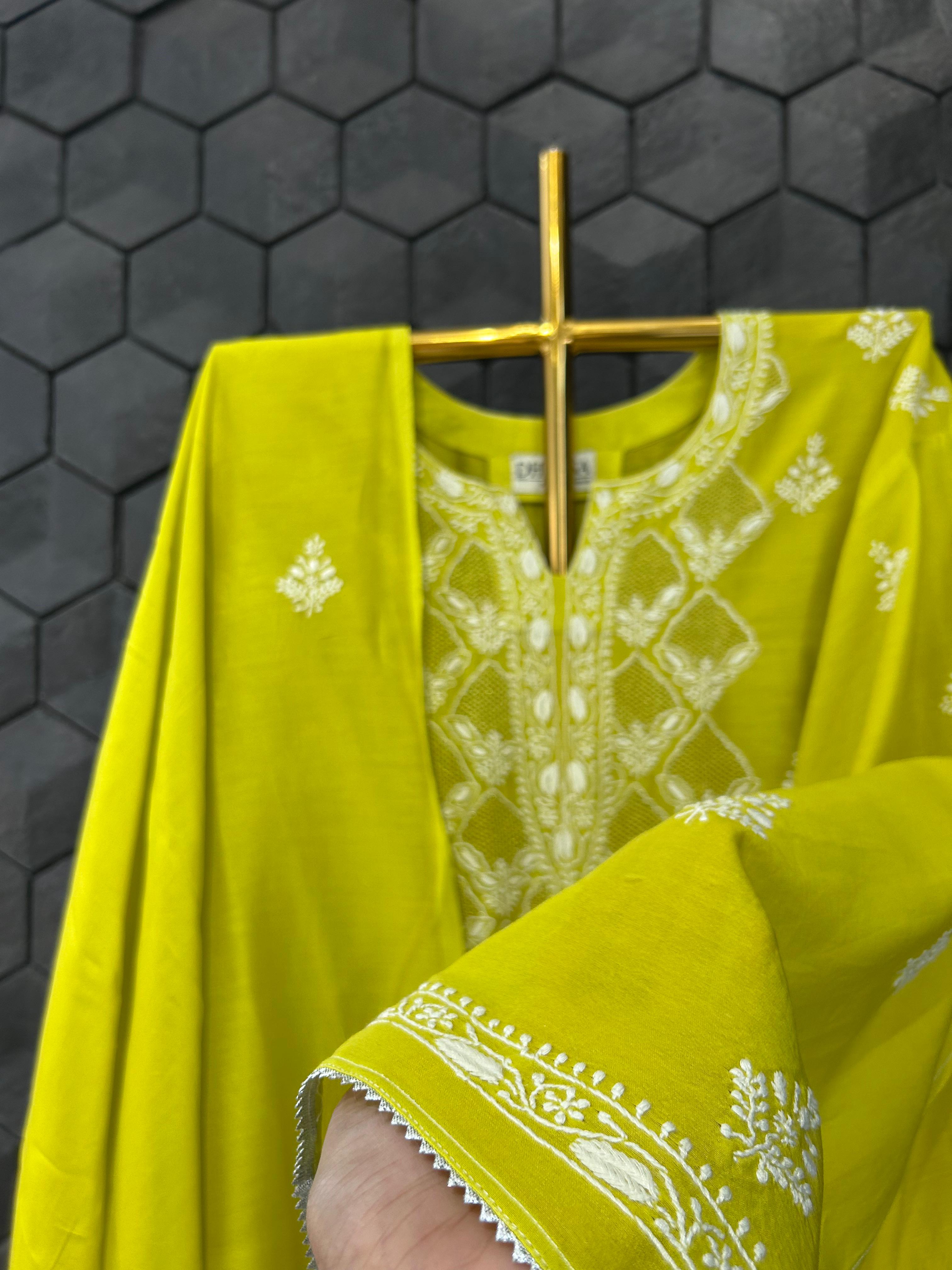 Green Chanderi Chikankari Kurta Set