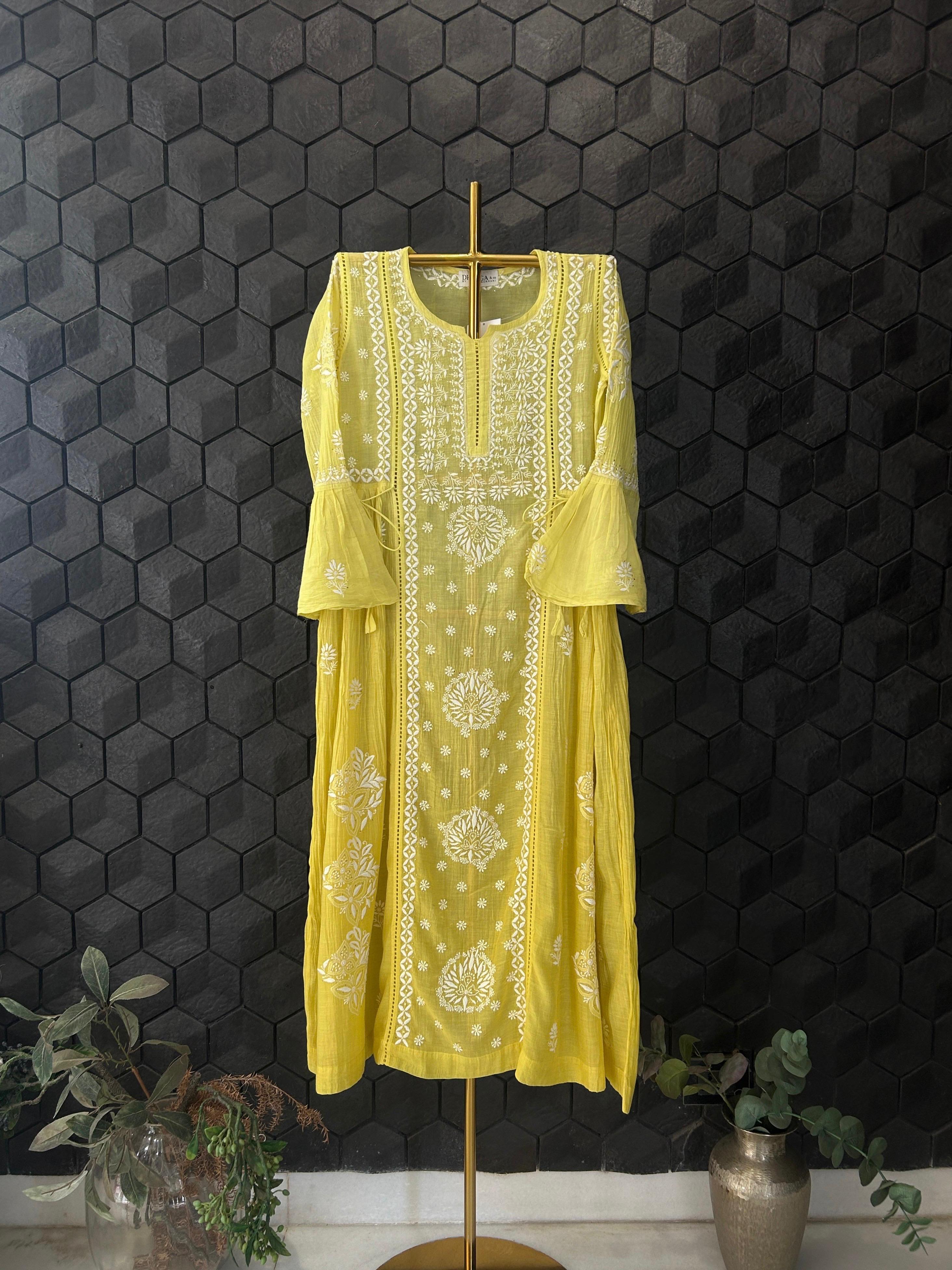 Green Mul Chanderi Chikankari Mukaish Dress