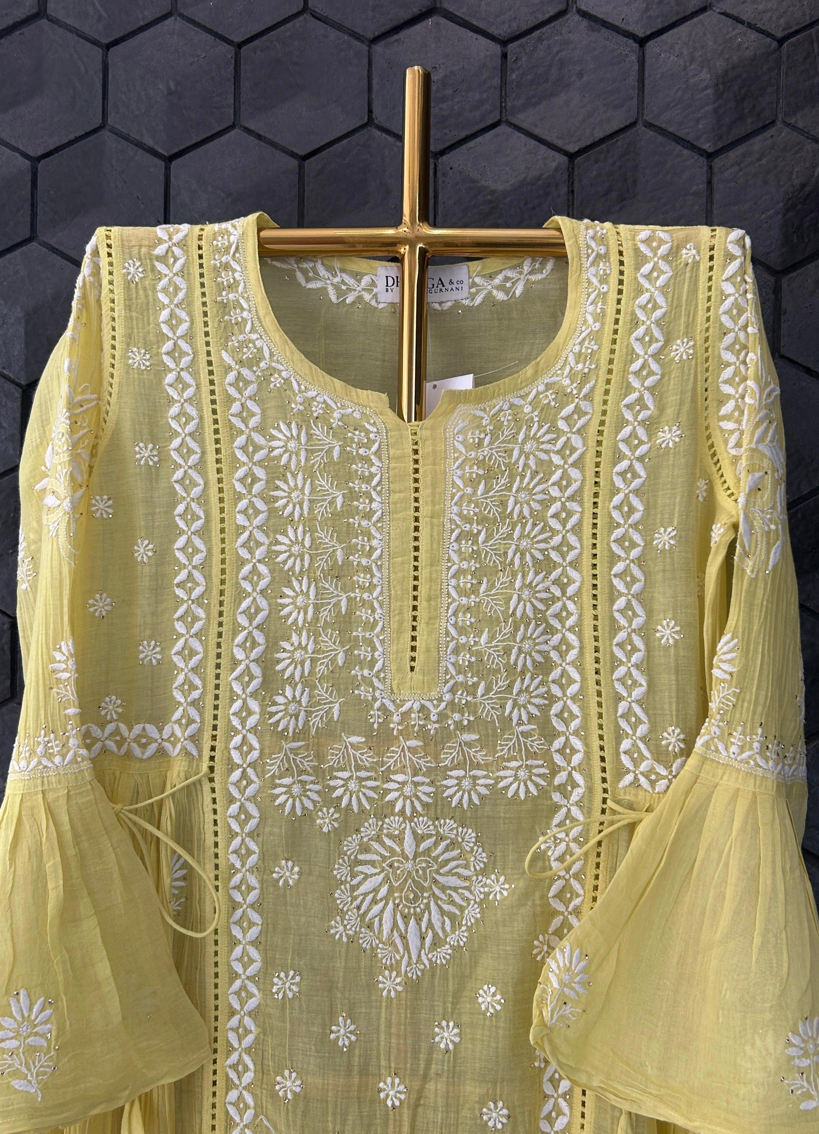 Green Mul Chanderi Chikankari Mukaish Dress