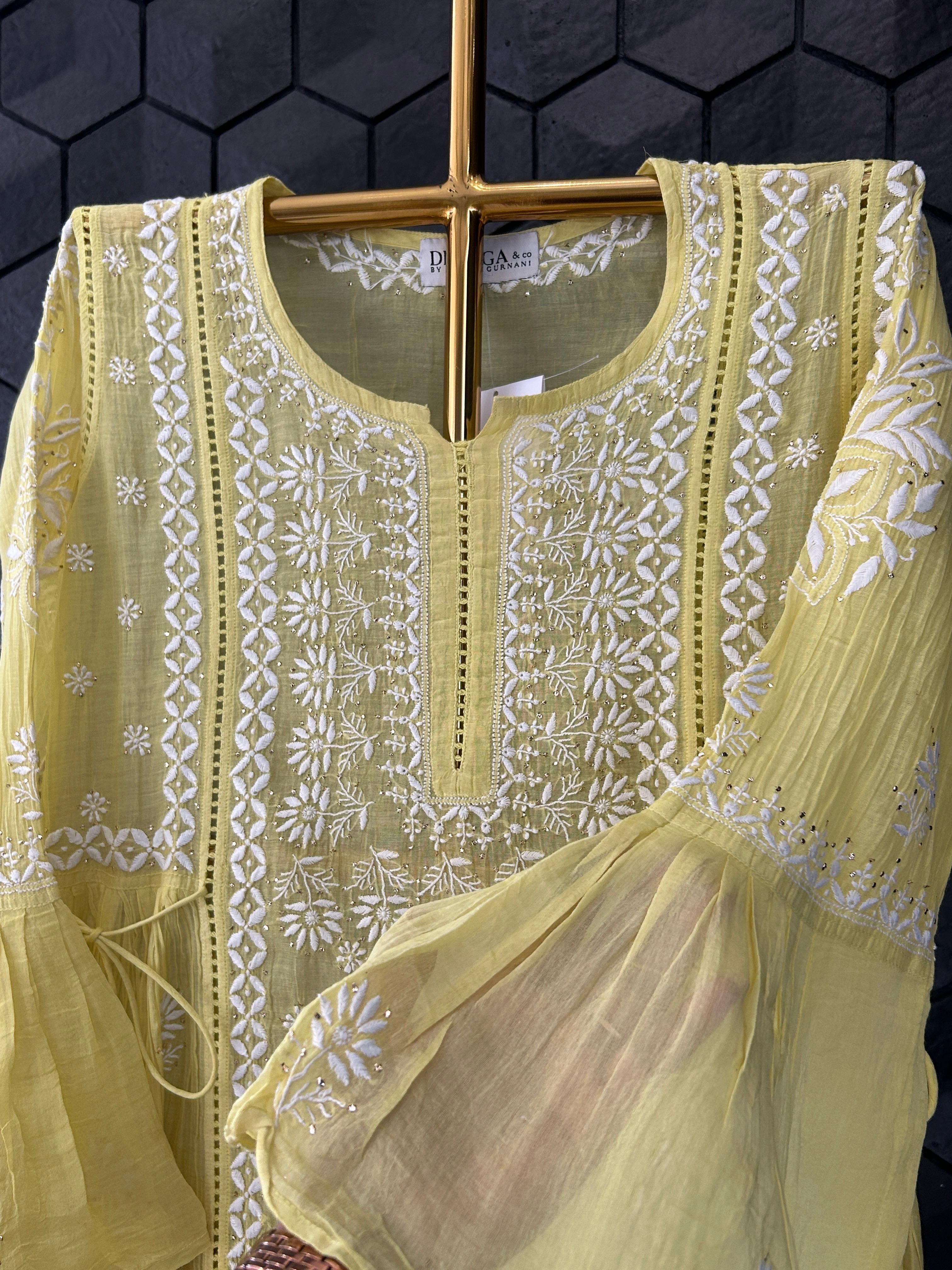Green Mul Chanderi Chikankari Mukaish Dress