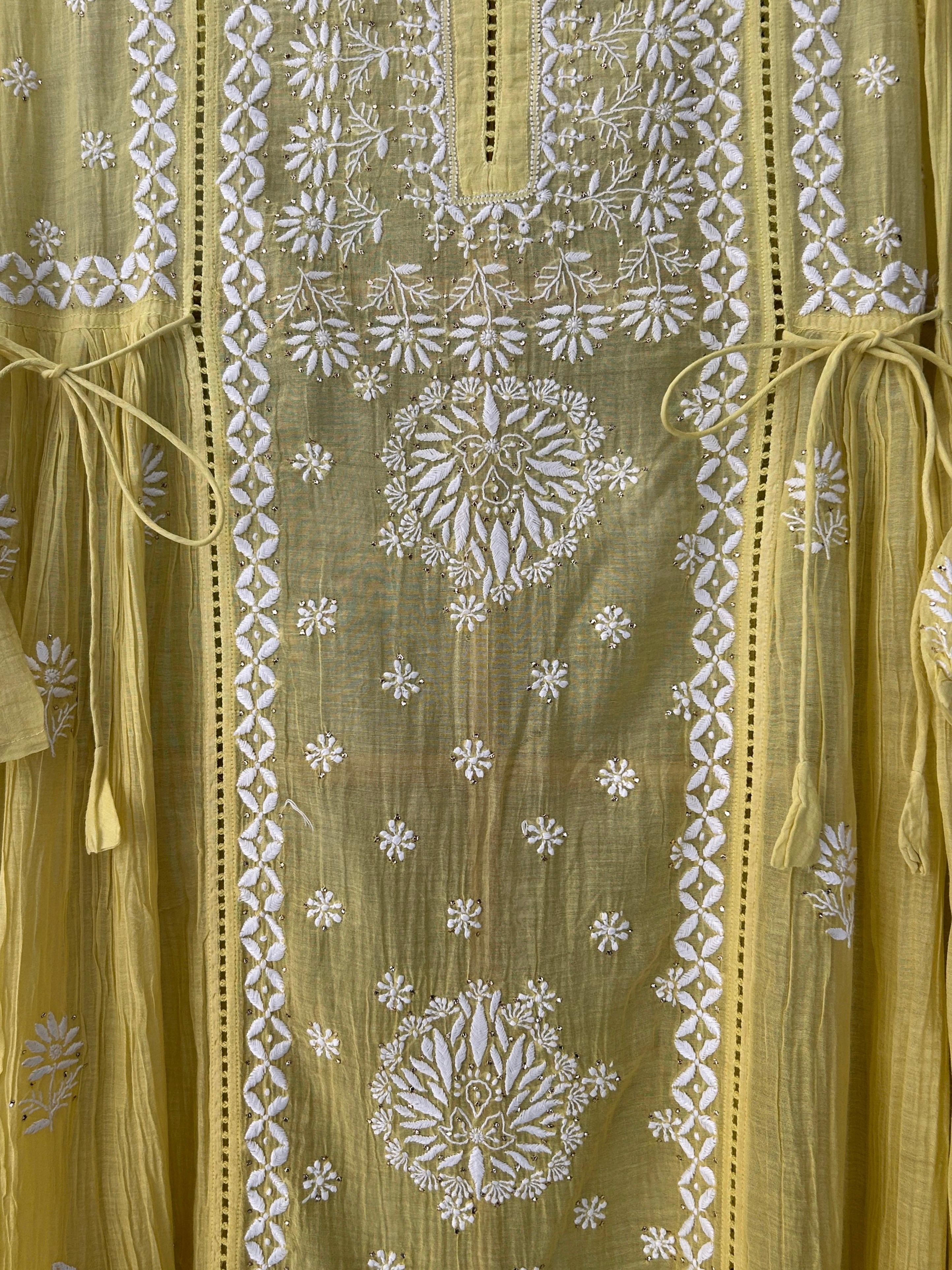 Green Mul Chanderi Chikankari Mukaish Dress