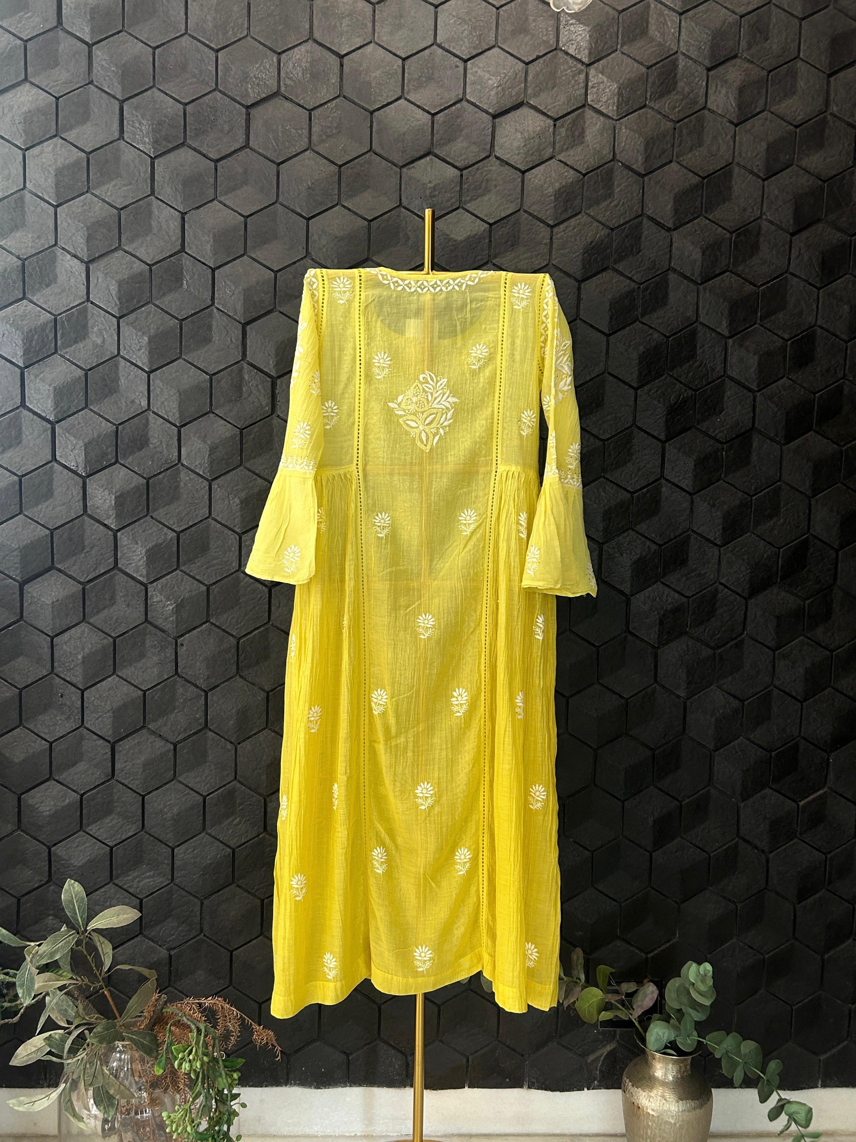 Green Mul Chanderi Chikankari Mukaish Dress