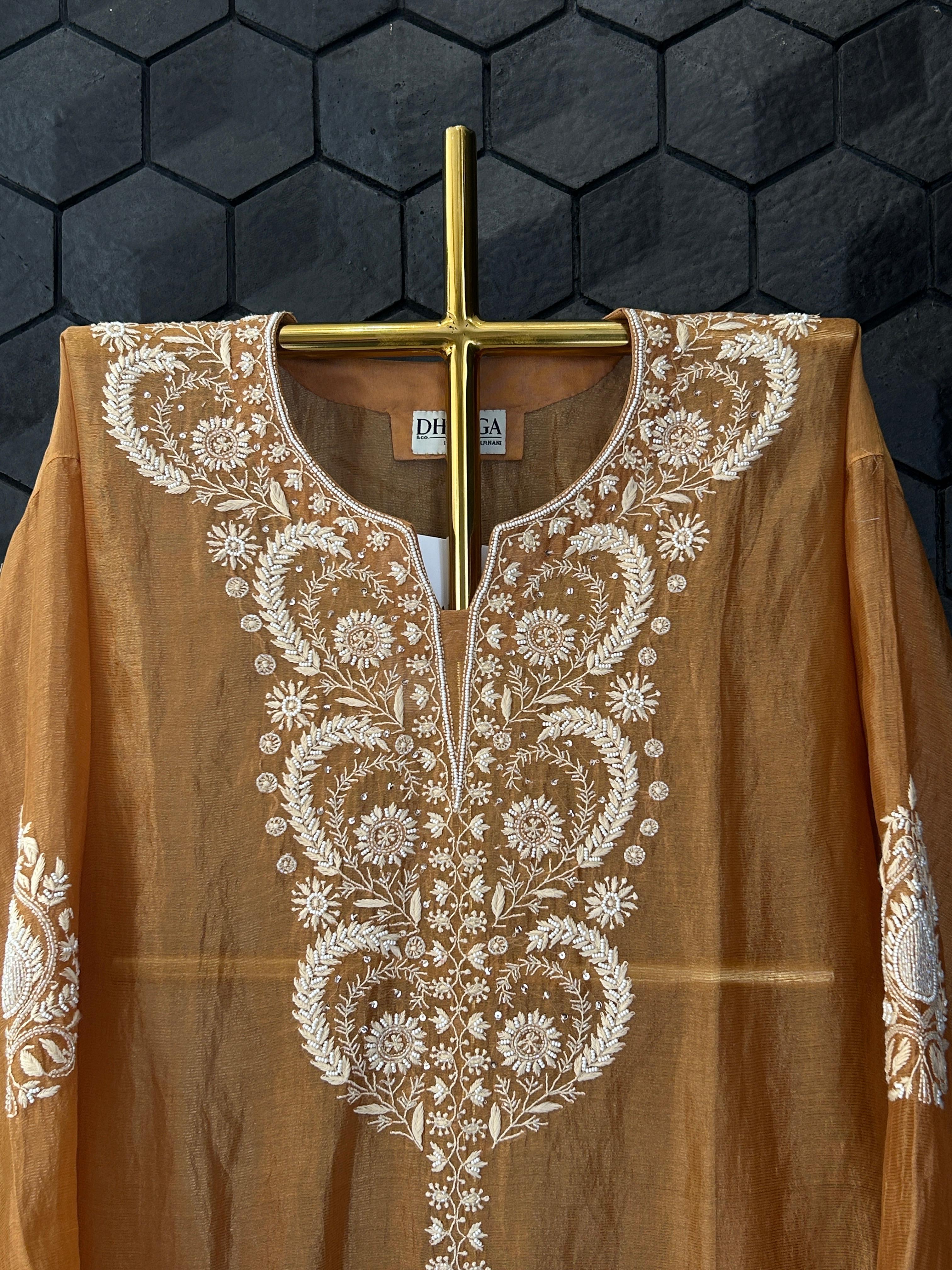 Mustard Striped Tissue Chikankari Co-ord Set