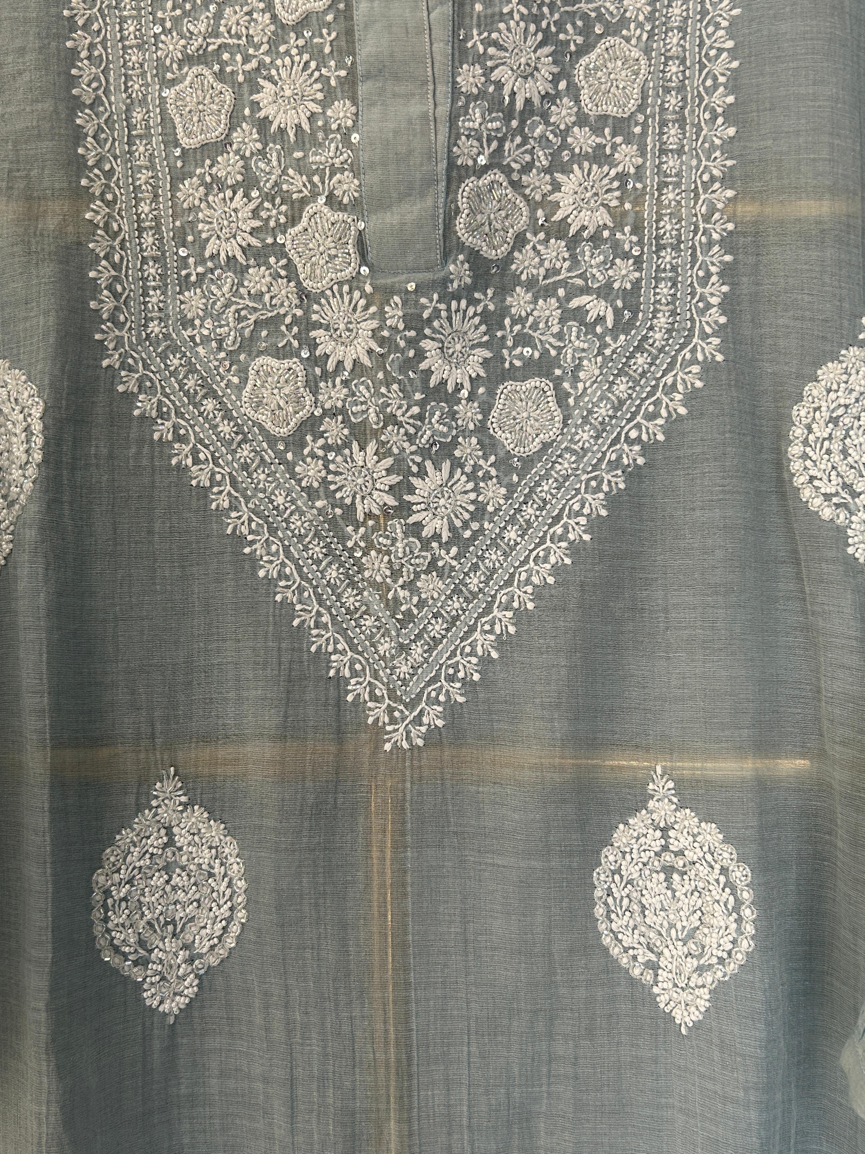 Blue Silver Tissue Chikankari Co-ord Set