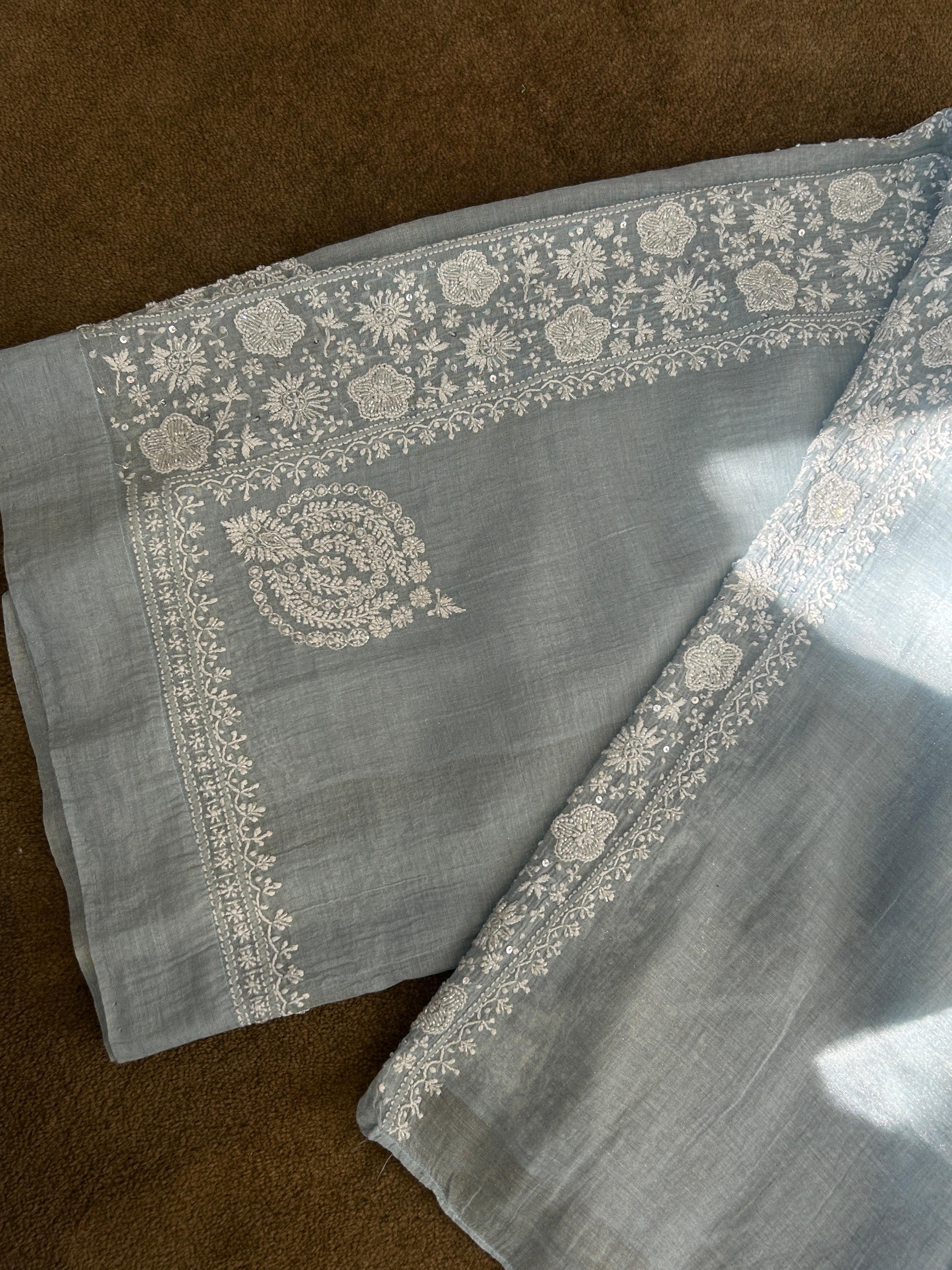 Blue Silver Tissue Chikankari Co-ord Set