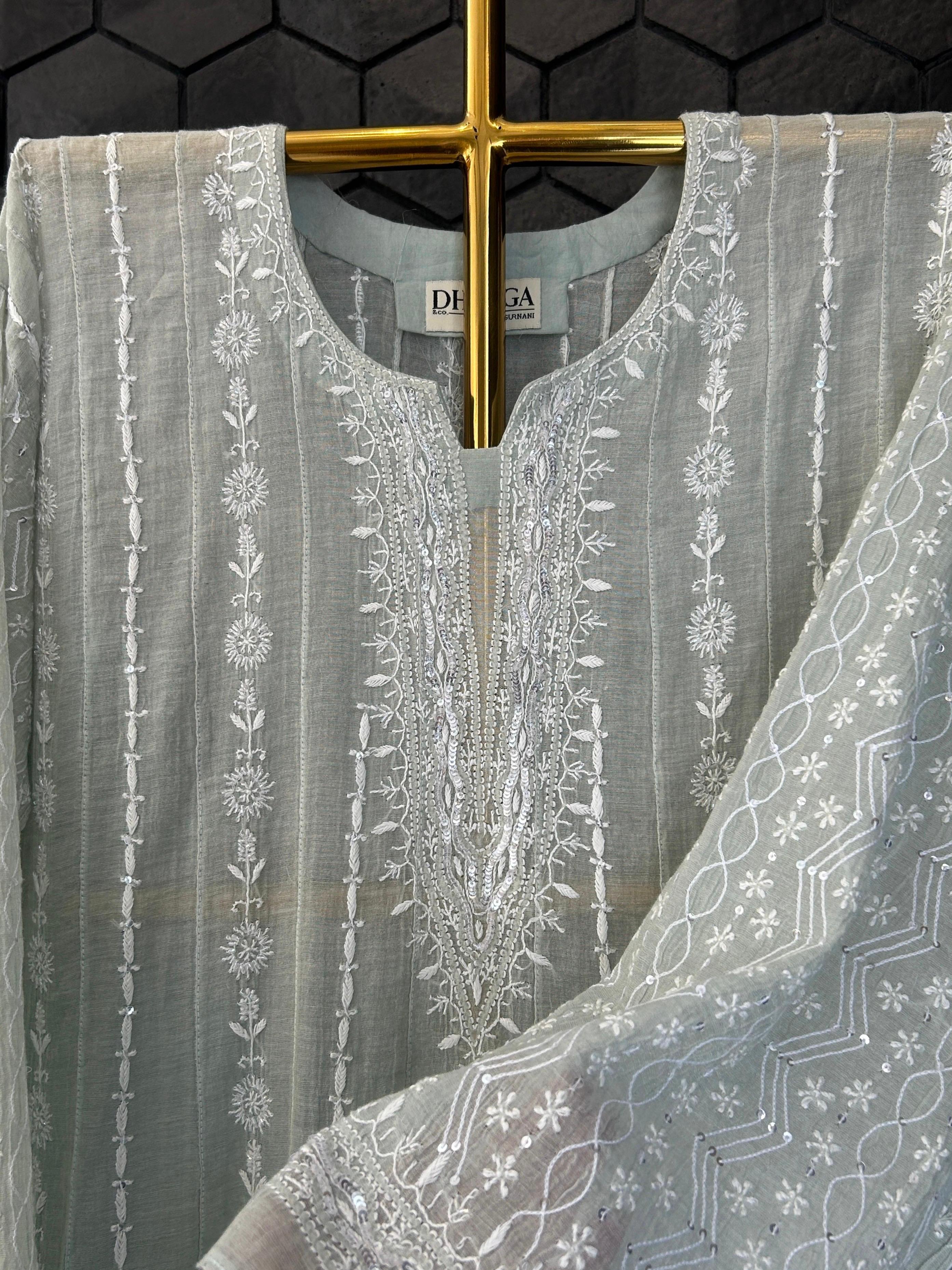 Green Silver Tissue Chikankari Co-ord Set