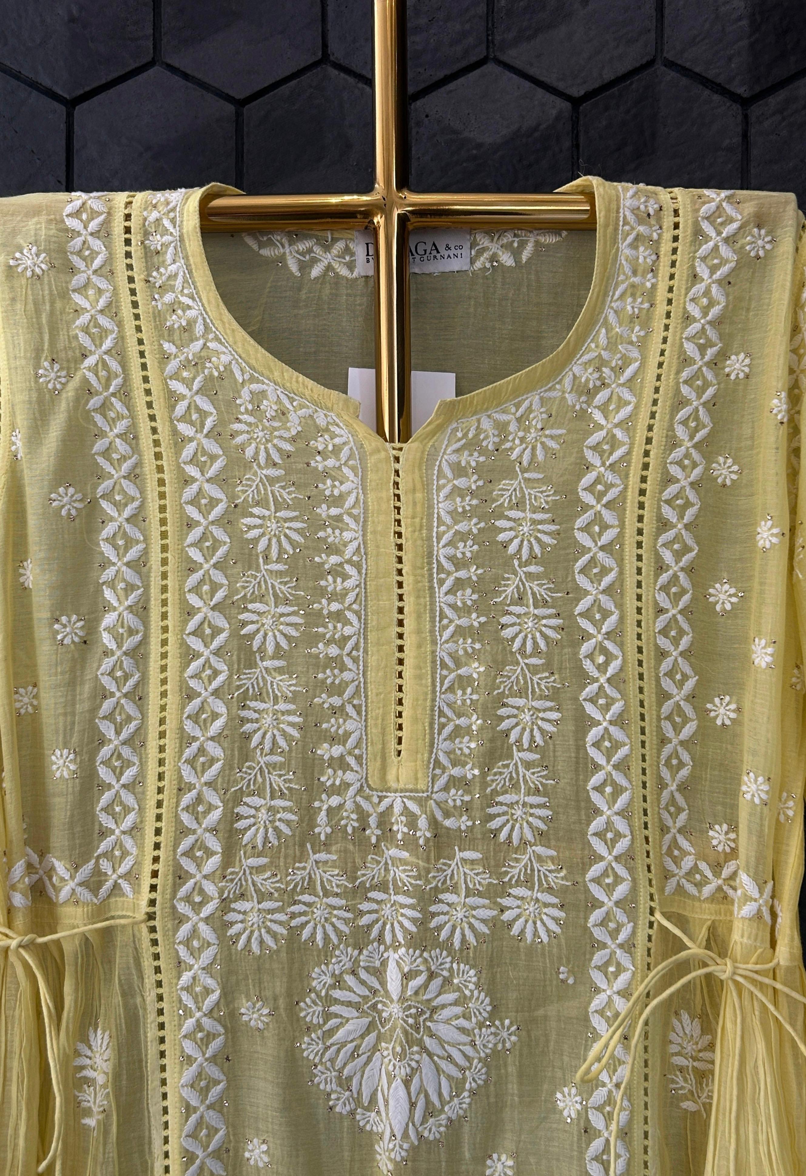 Yellow Mul Chanderi Chikankari And Mukaish Dress