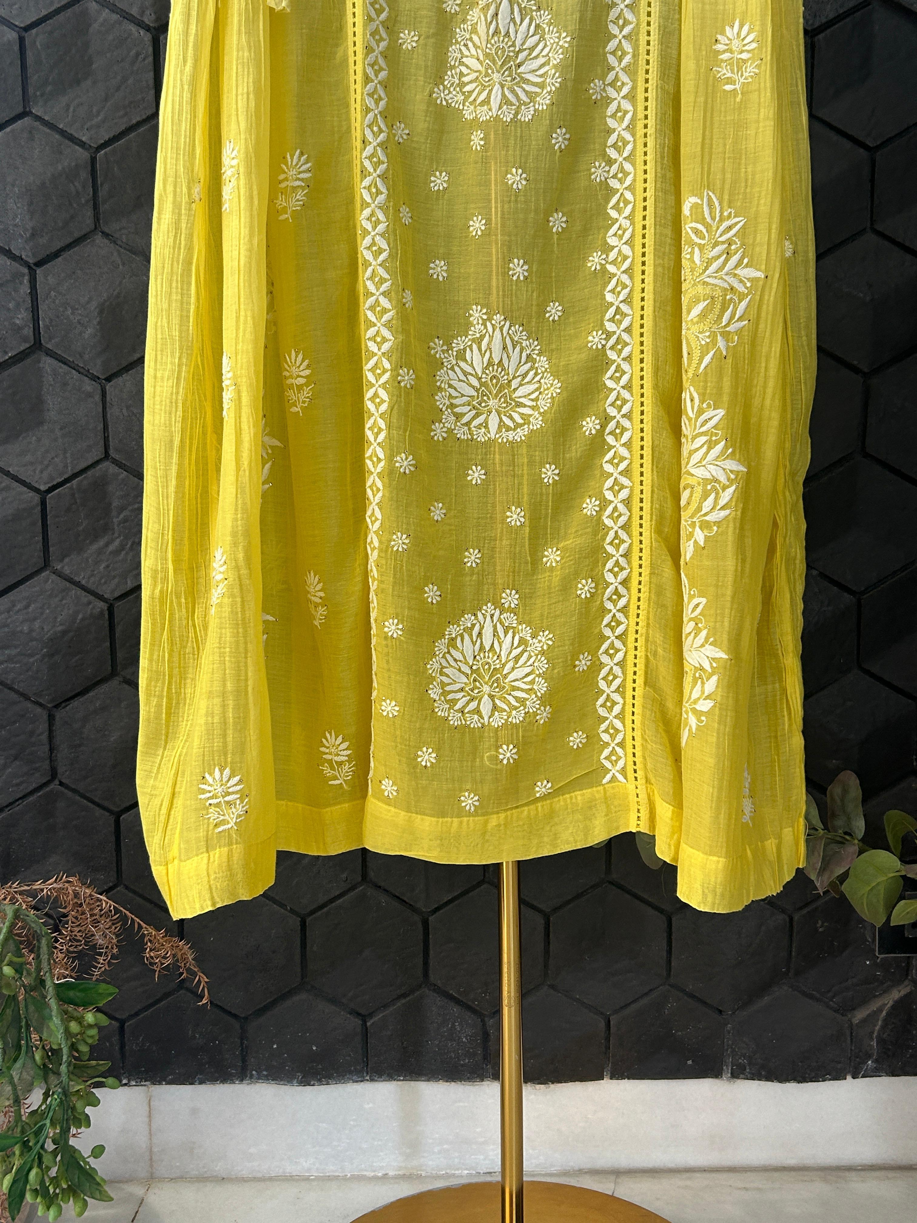 Yellow Mul Chanderi Chikankari And Mukaish Dress