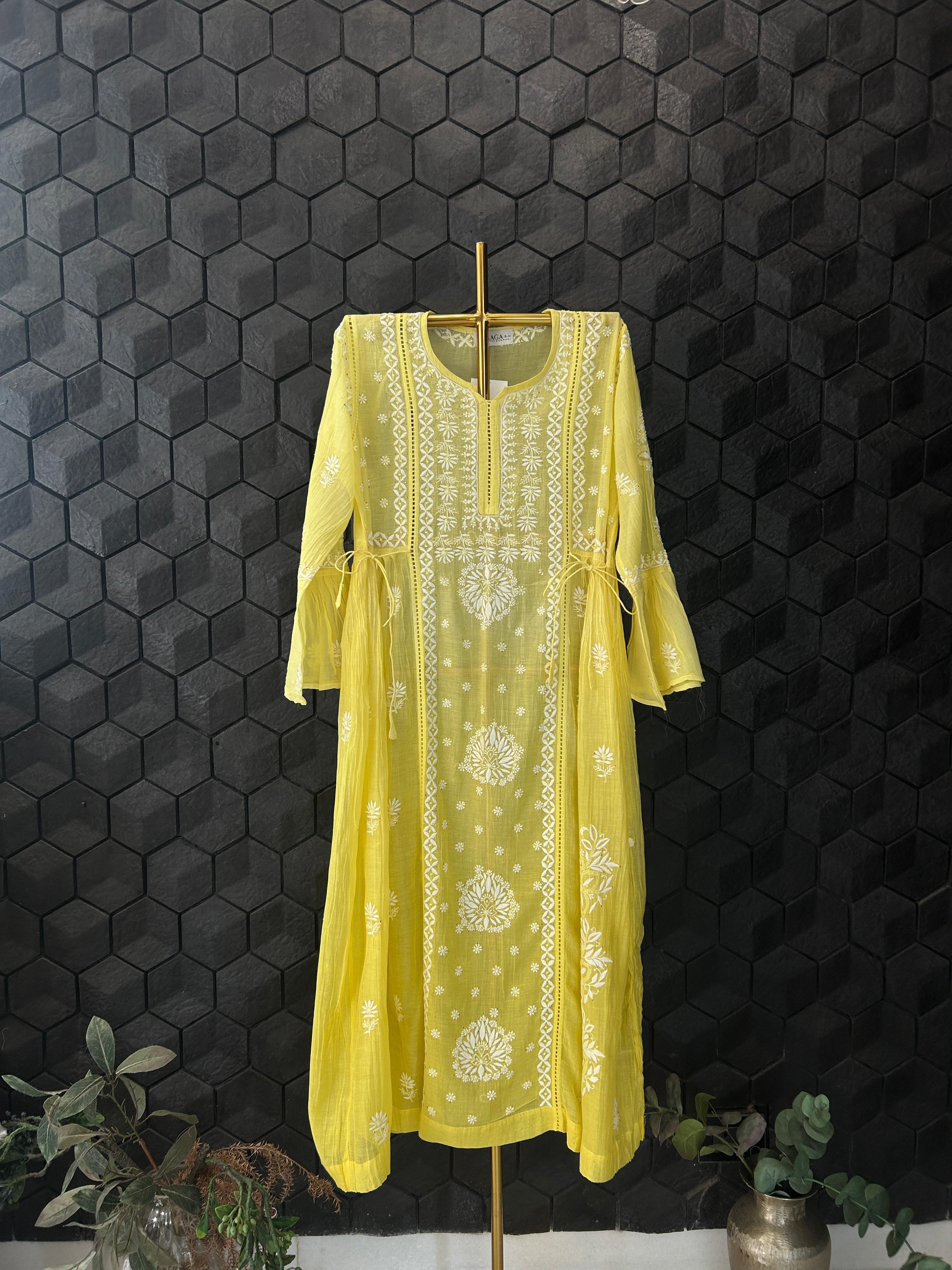 Yellow Mul Chanderi Chikankari And Mukaish Dress