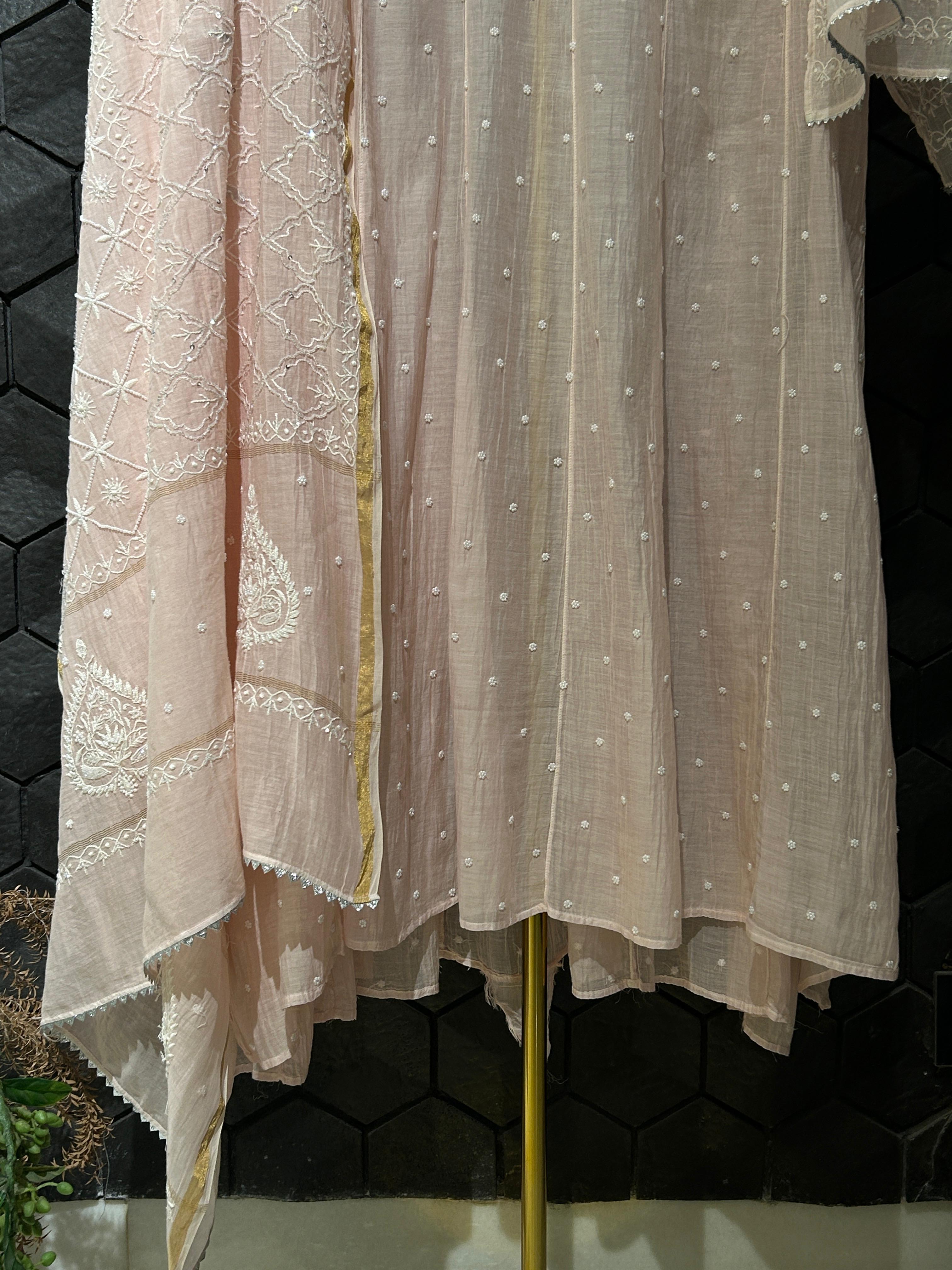 Pink Mul Chanderi Chikankari Anarkali Set