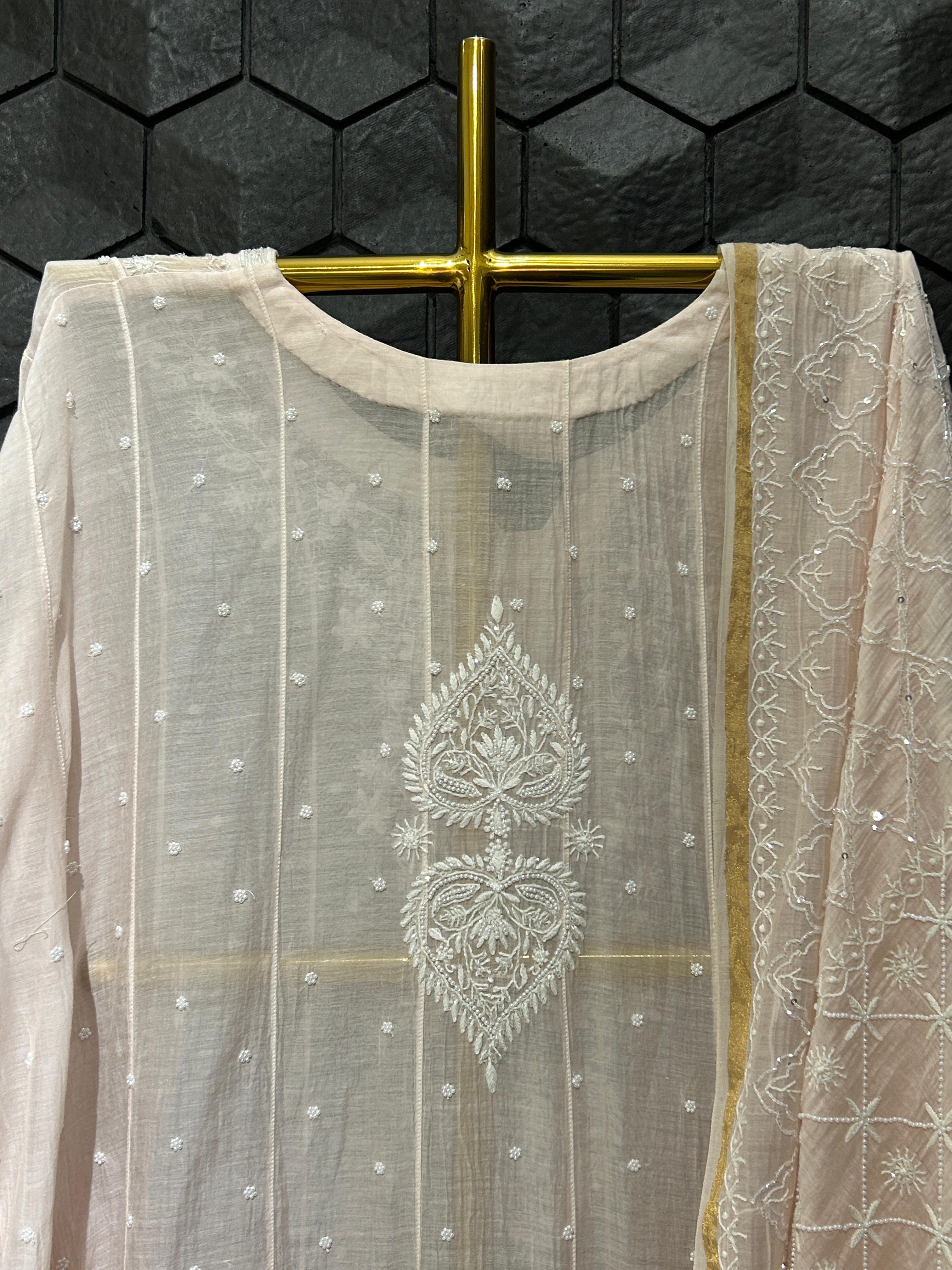 Pink Mul Chanderi Chikankari Anarkali Set