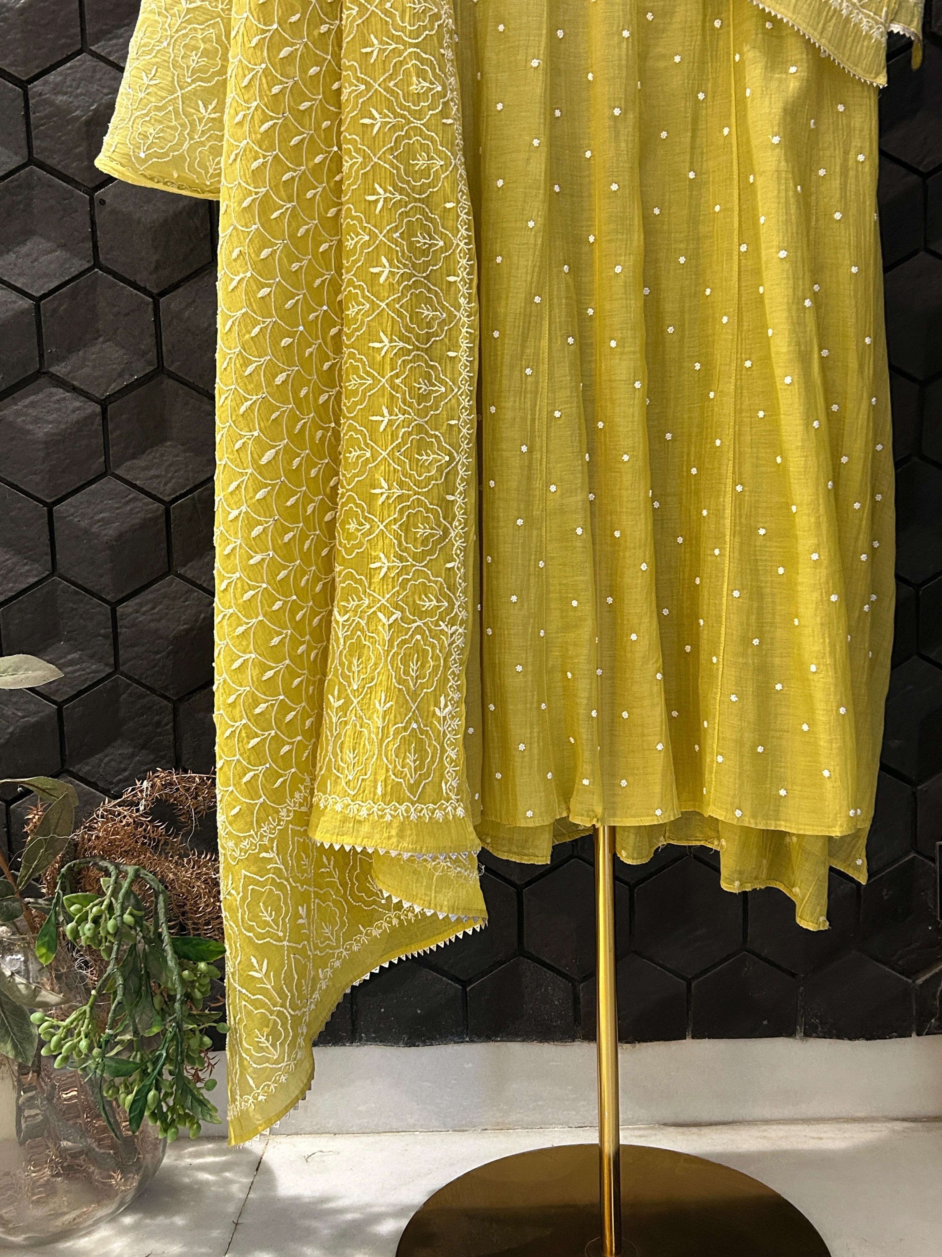 Green Mul Chanderi Chikankari Anarkali Set