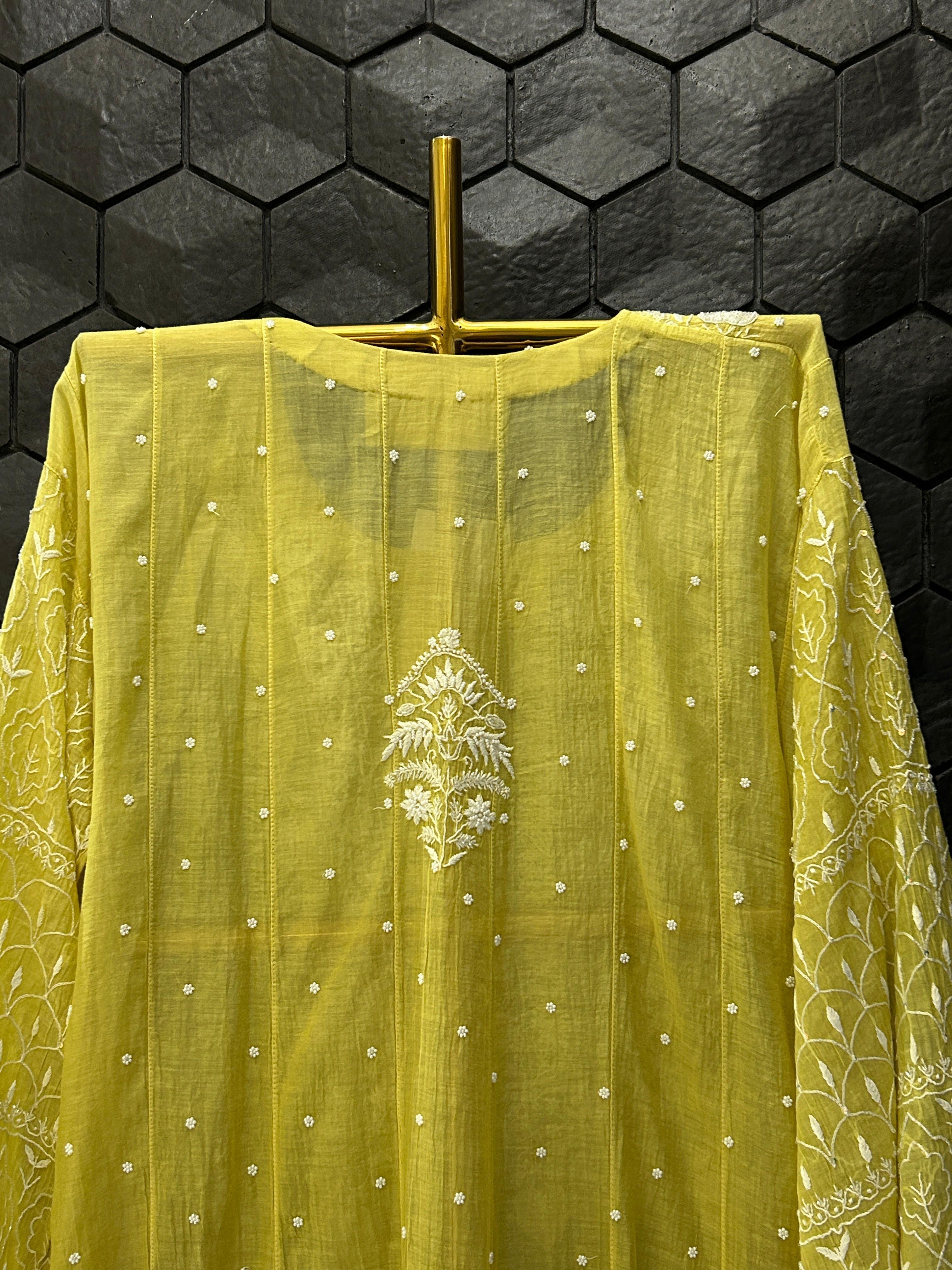 Green Mul Chanderi Chikankari Anarkali Set