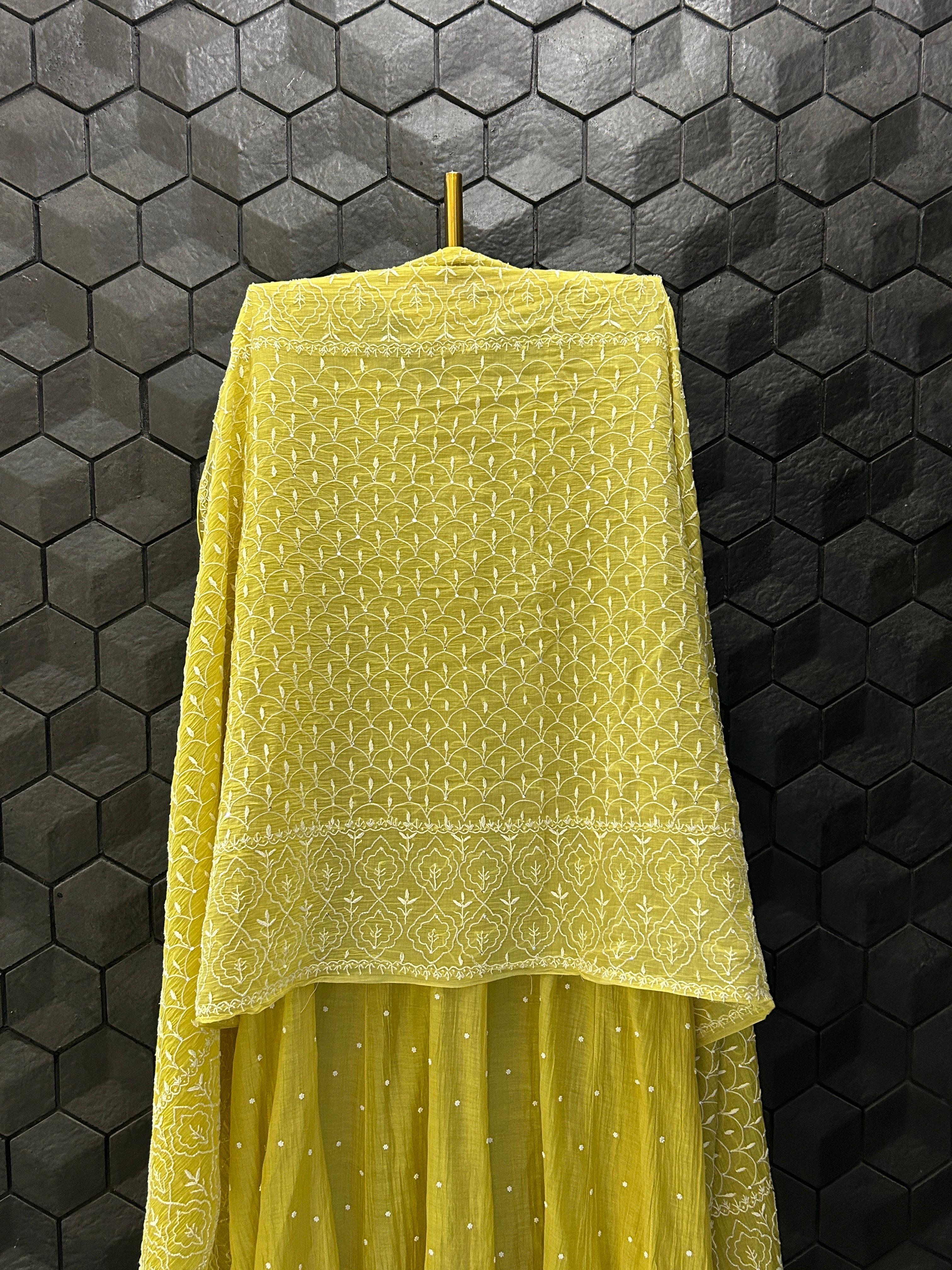 Green Mul Chanderi Chikankari Anarkali Set