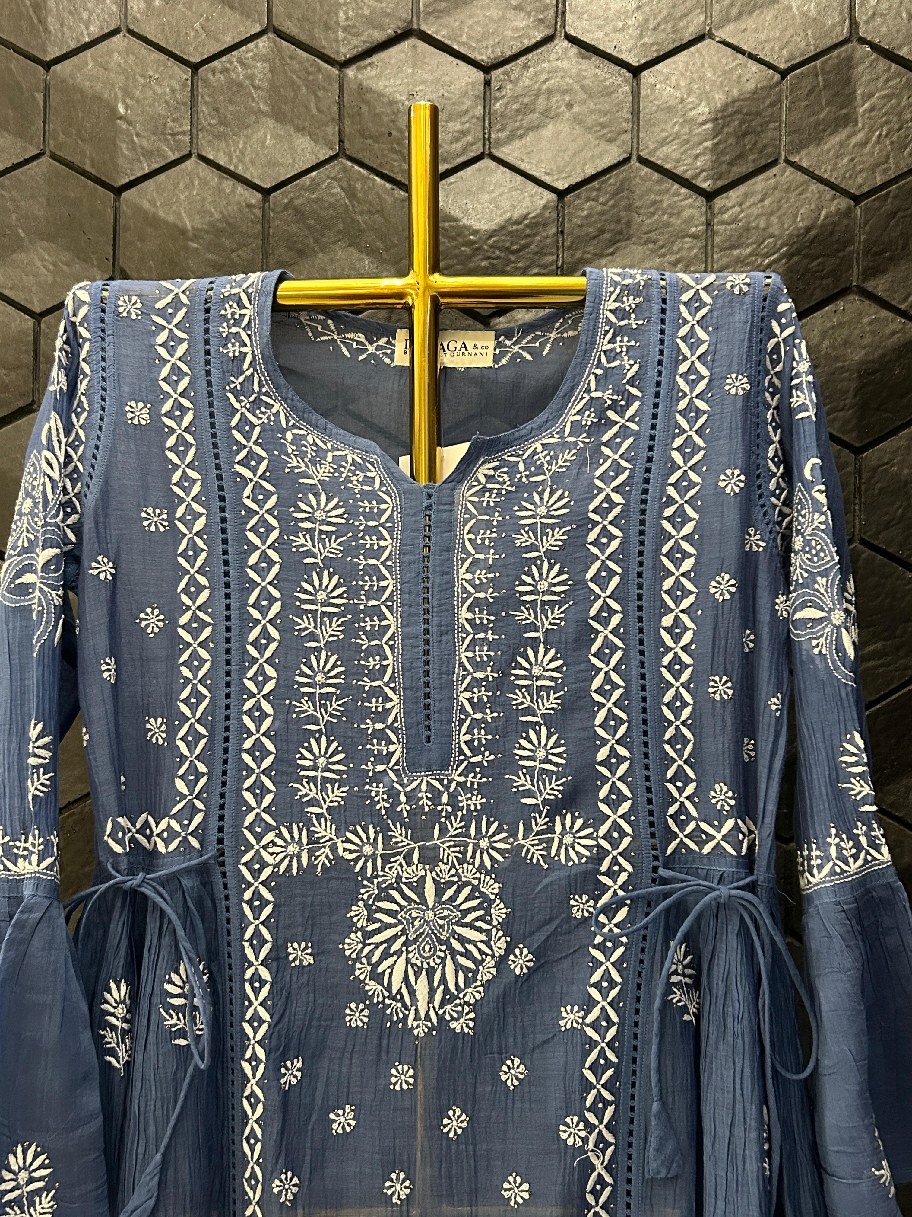 Blue Mul Chanderi Chikankari And Mukaish Dress