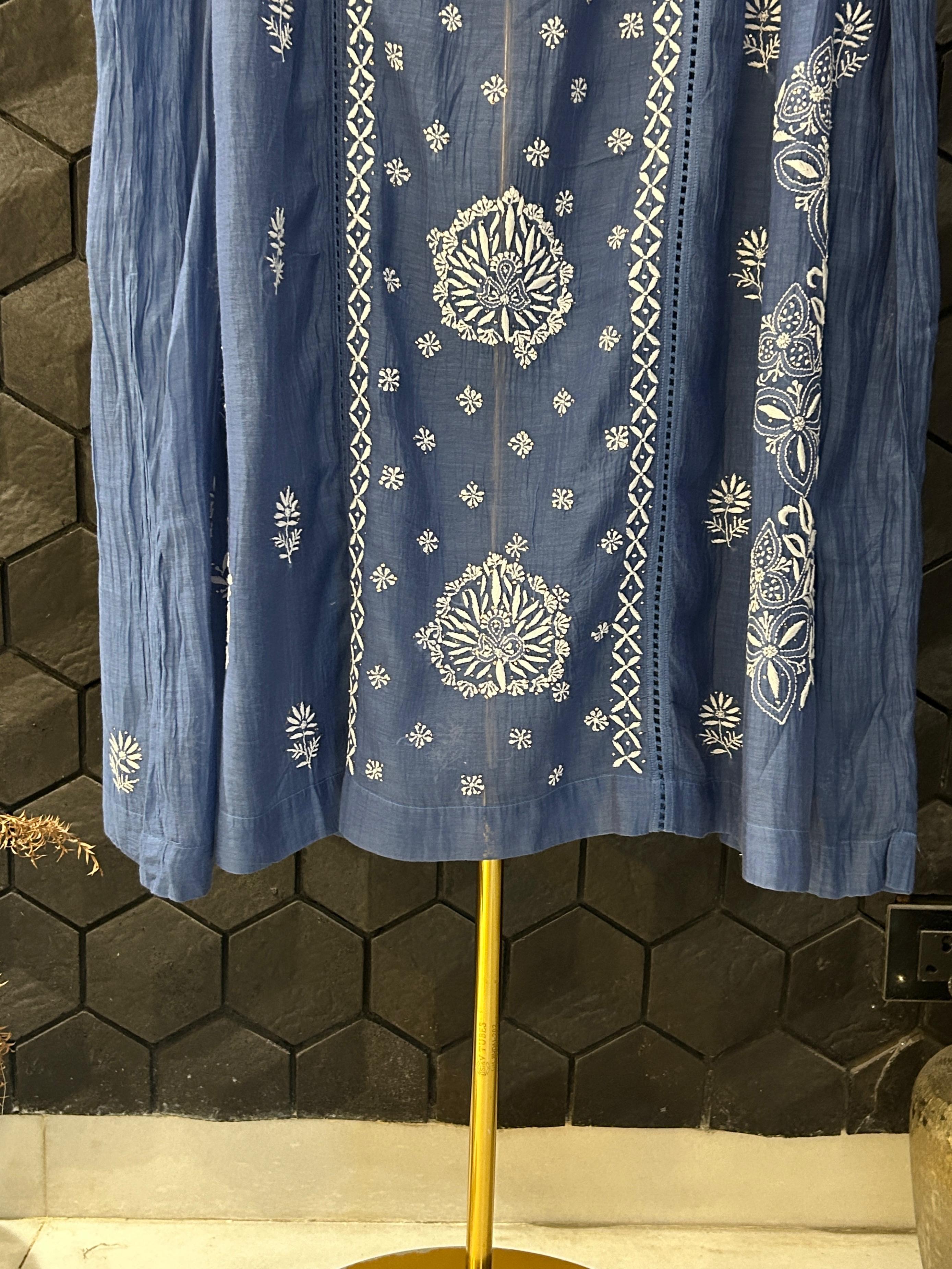 Blue Mul Chanderi Chikankari And Mukaish Dress