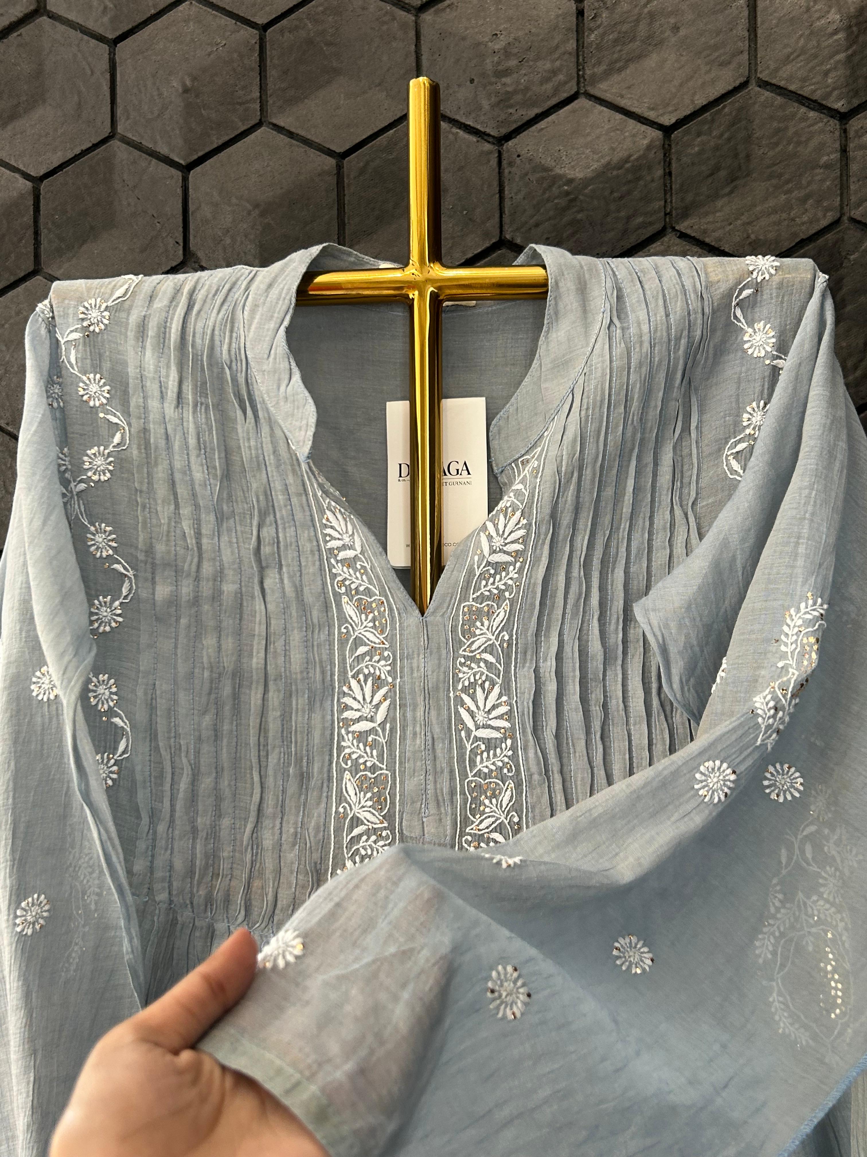 Grey Golden Tissue Chikankari Co-ord Set