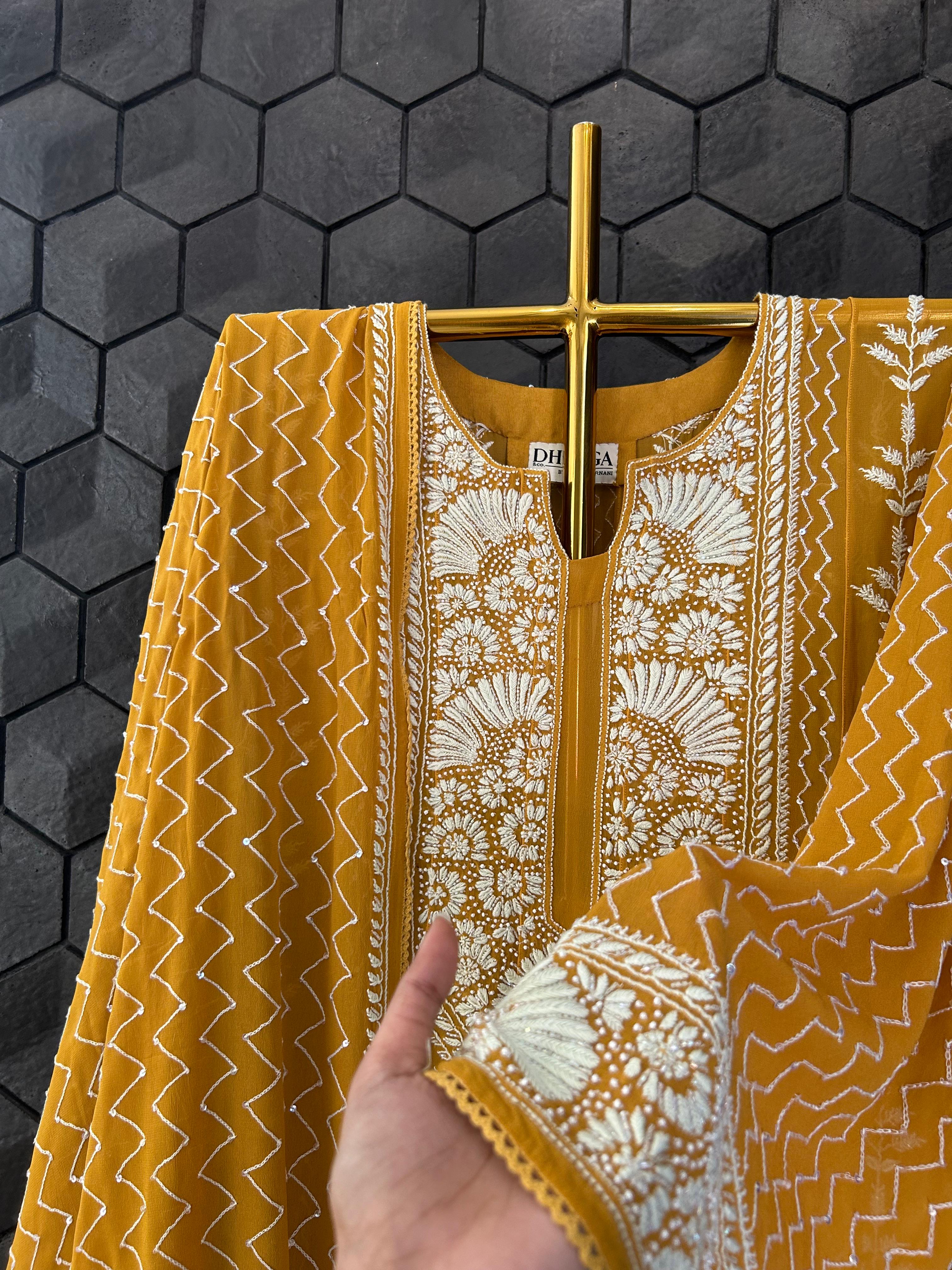 Mustard Georgette Chikankari Kurta Set
