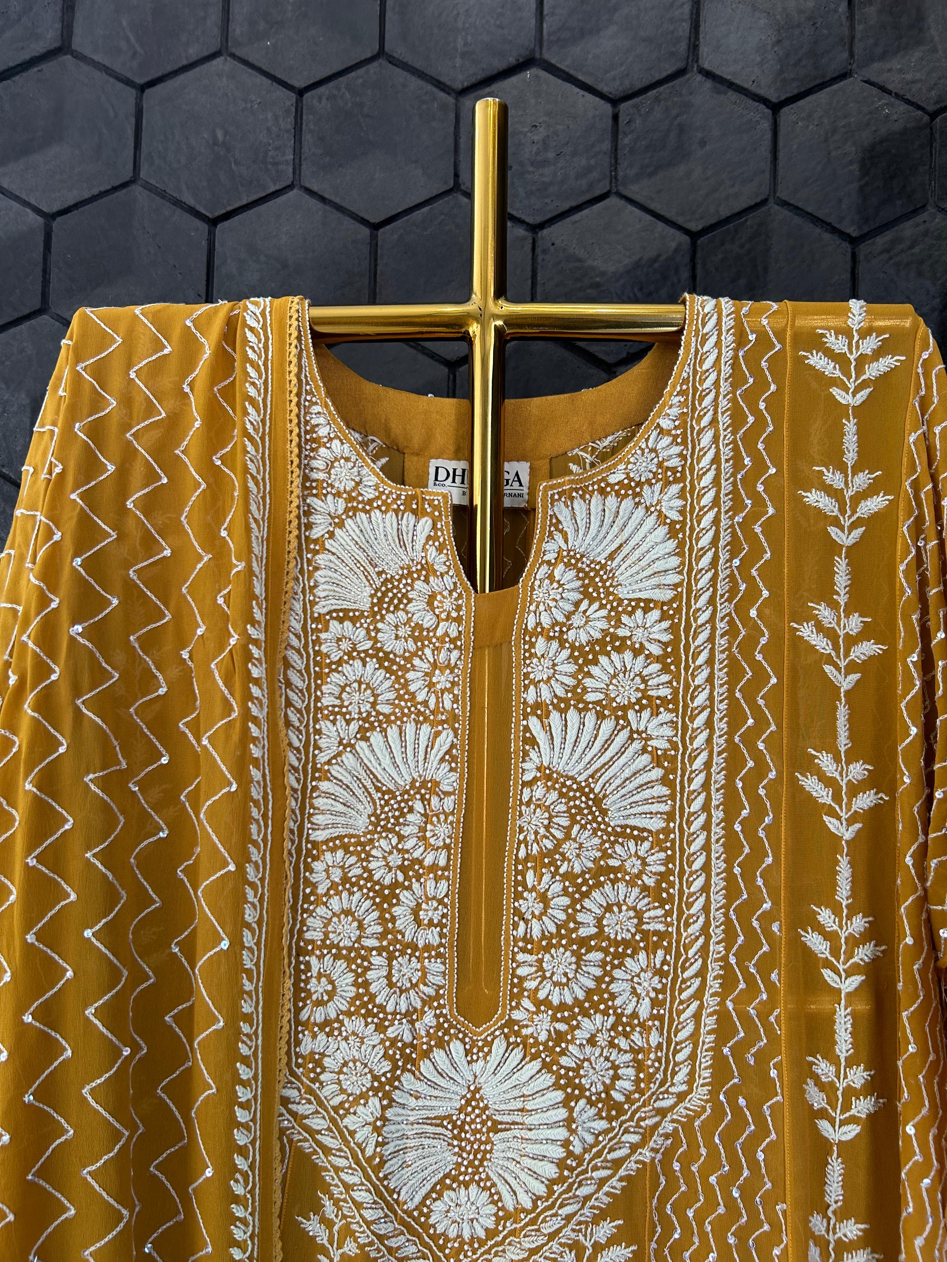 Mustard Georgette Chikankari Kurta Set