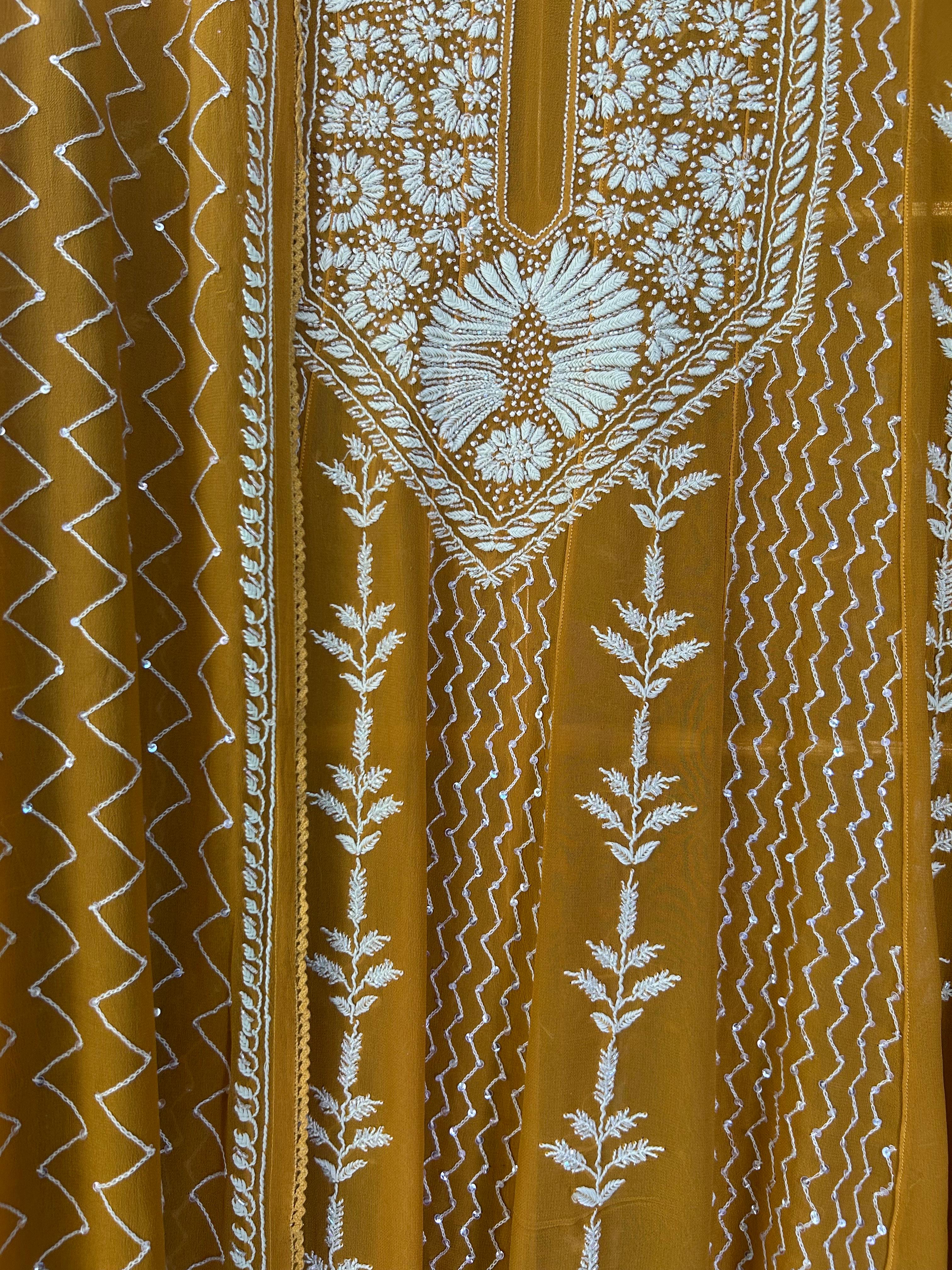 Mustard Georgette Chikankari Kurta Set