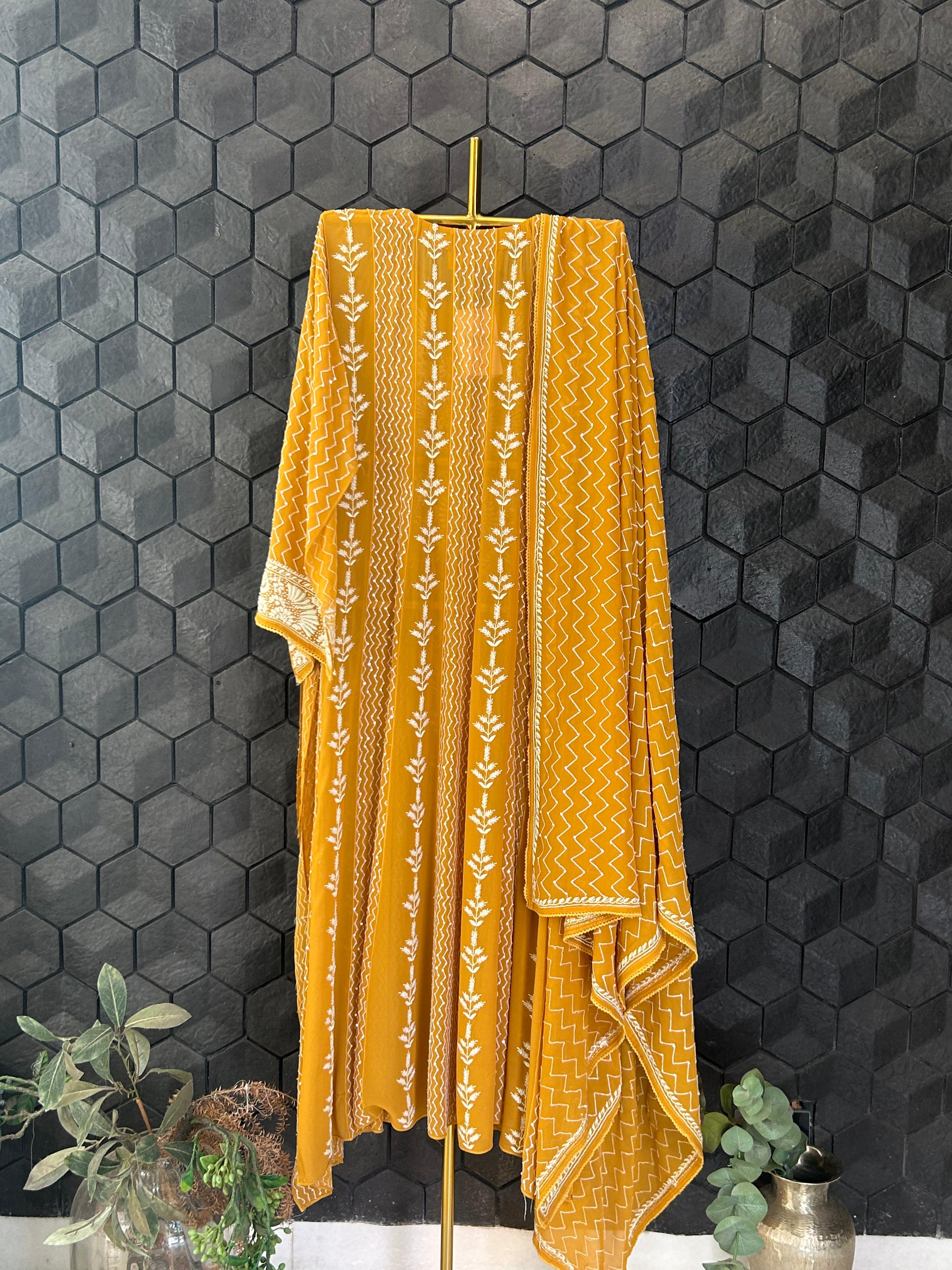 Mustard Georgette Chikankari Kurta Set