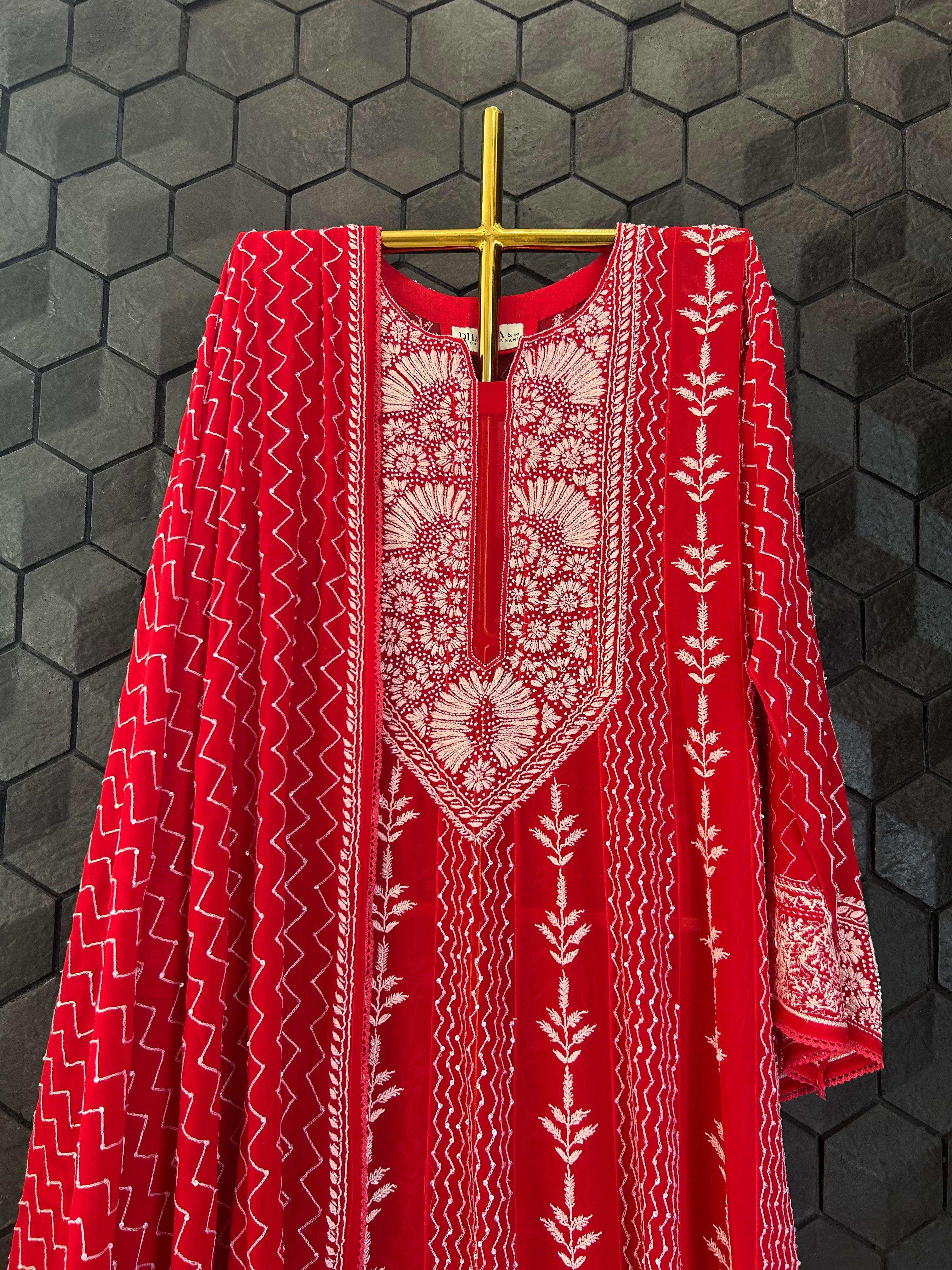 Red Georgette Chikankari Kurta Set