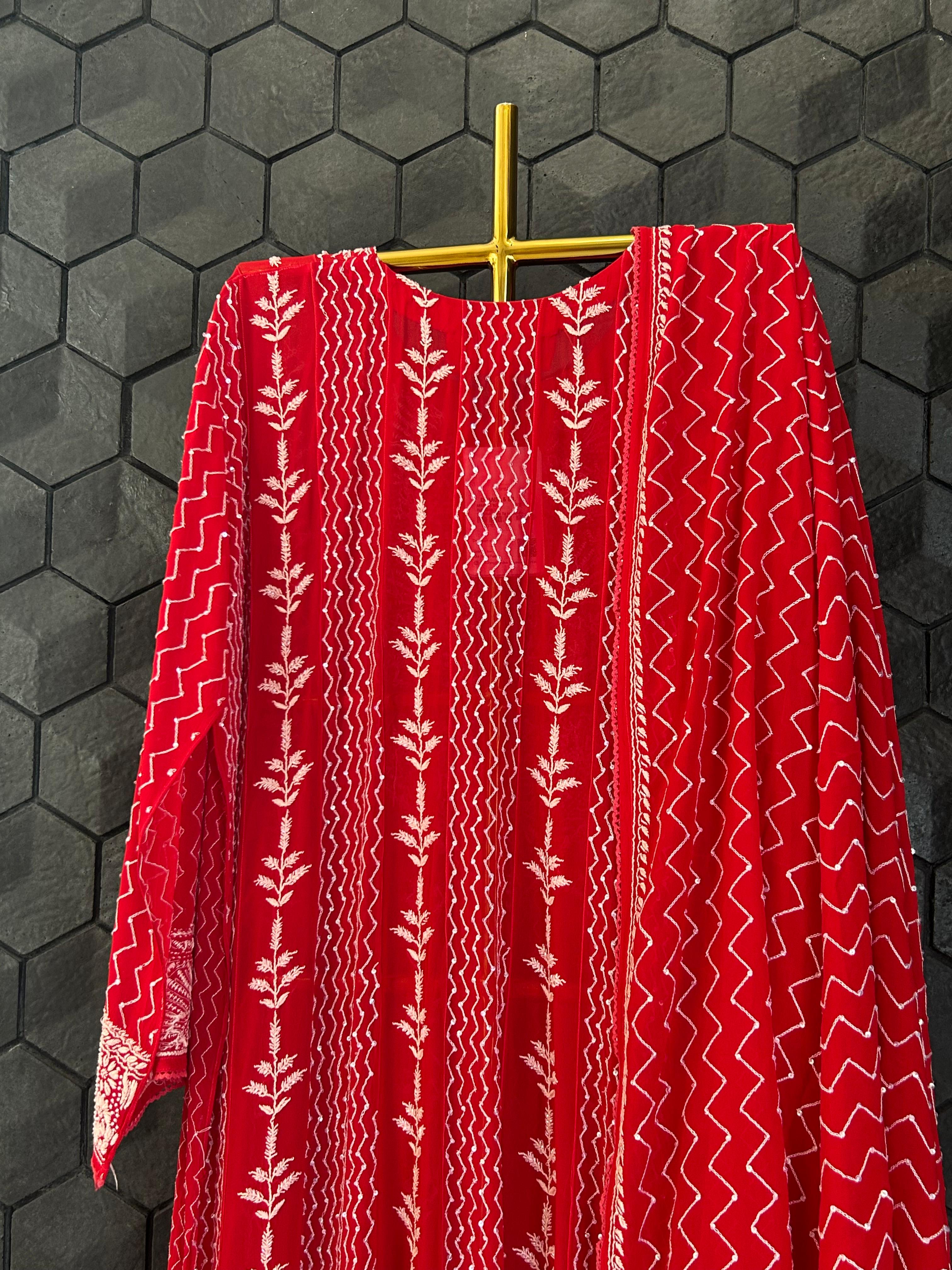 Red Georgette Chikankari Kurta Set